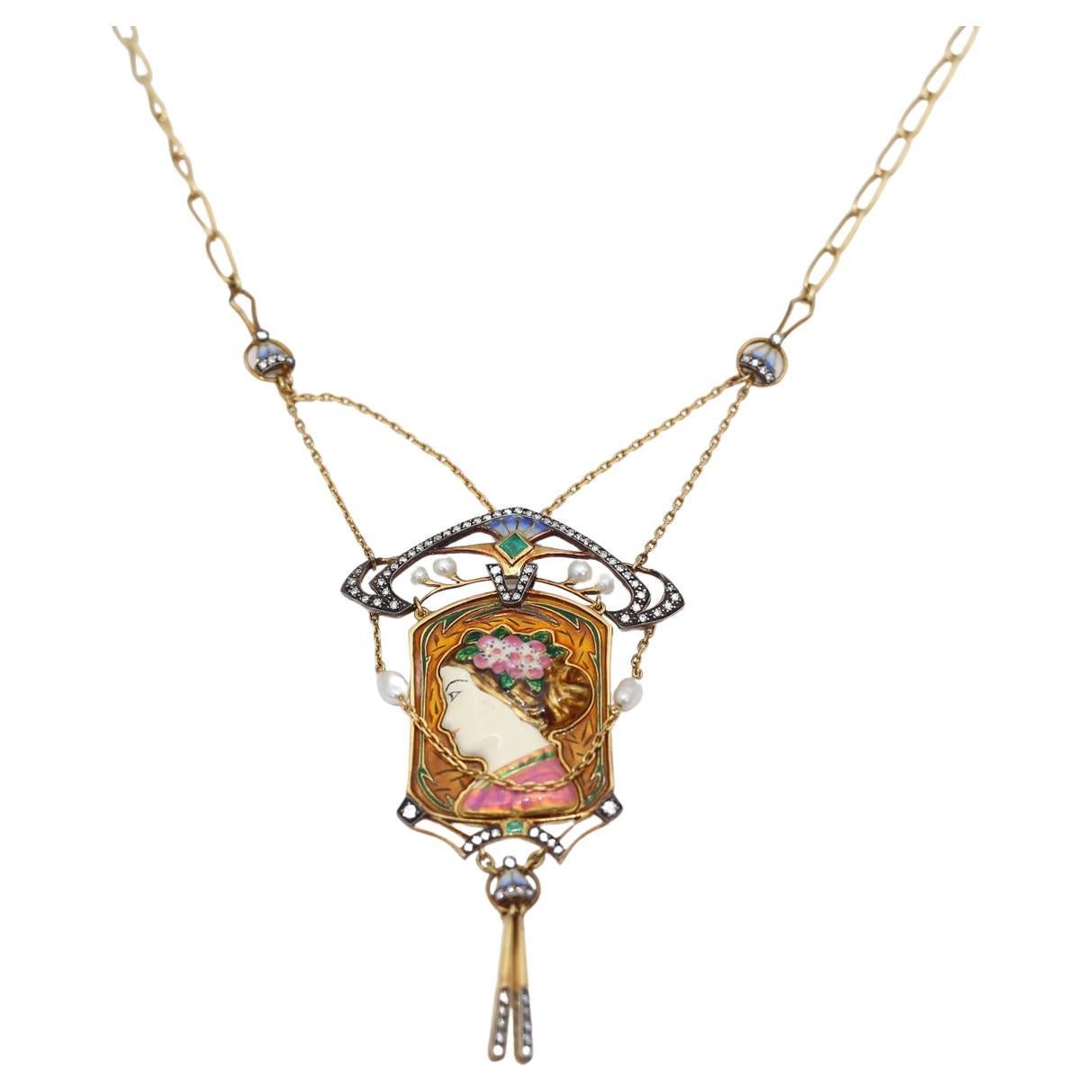 Colorful Enamel 18K Gold Pendant Necklace, 1990 For Sale