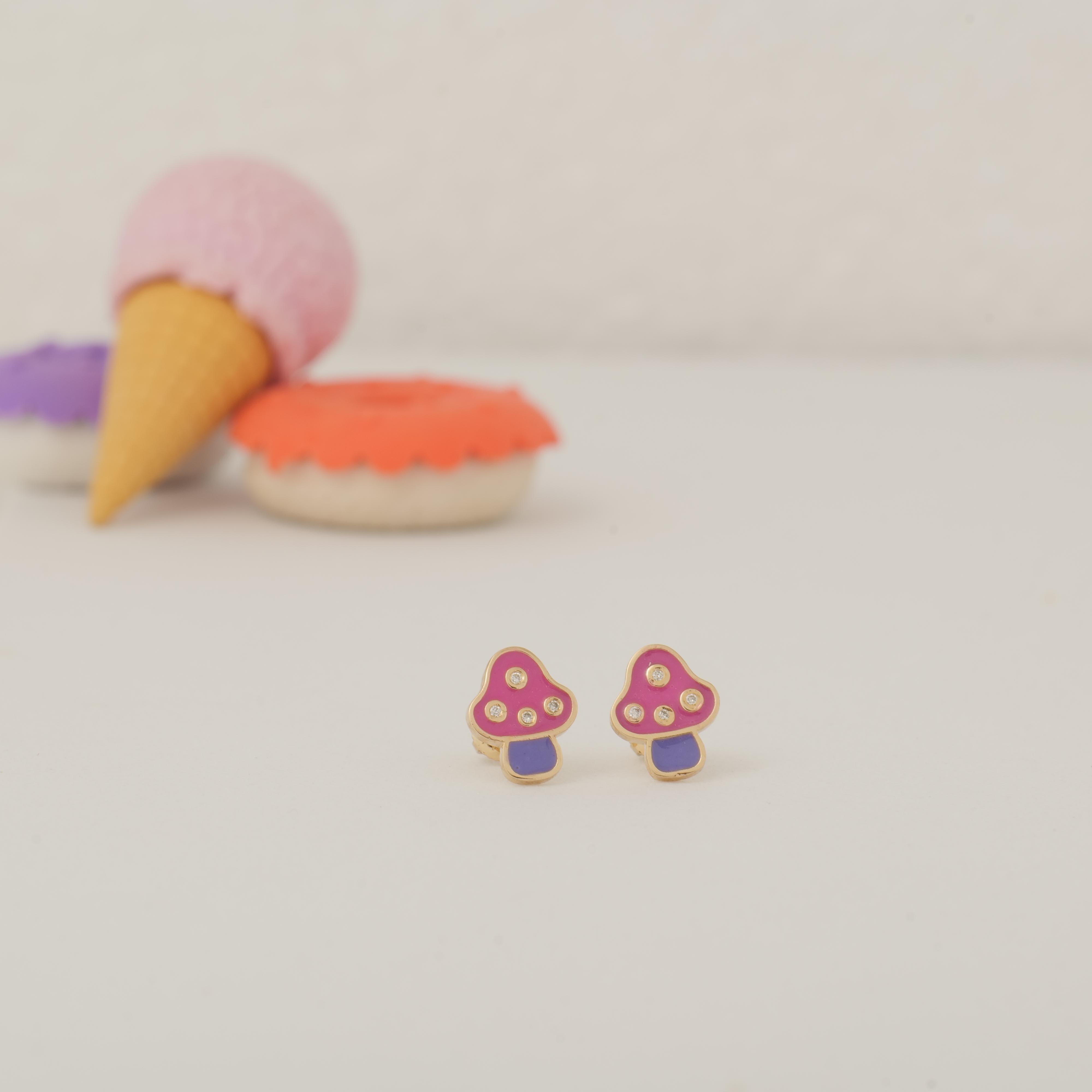 Art Deco Colorful Enamel Kids Mushroom Diamond Earrings in 14K Solid Gold (Certified) For Sale