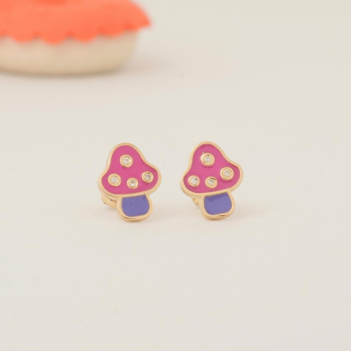 Round Cut Colorful Enamel Kids Mushroom Diamond Earrings in 14K Solid Gold (Certified) For Sale