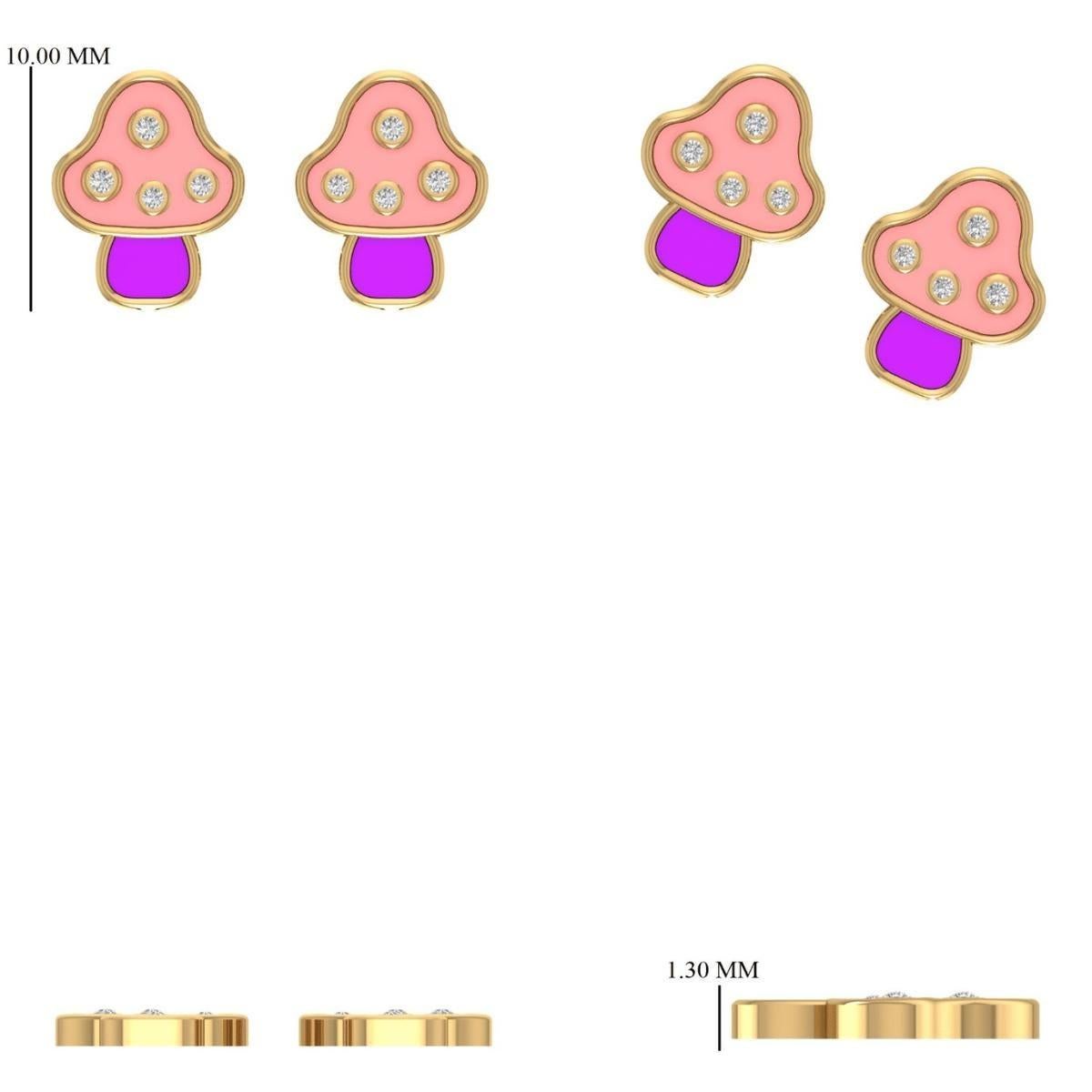Colorful Enamel Kids Mushroom Diamond Earrings in 14K Solid Gold (Certified) For Sale 2