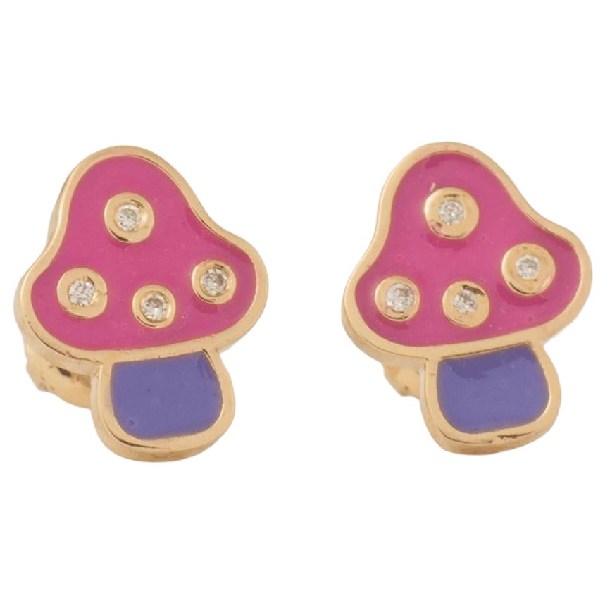 Pendientes de diamantes en forma de seta para niños con esmalte de colores en oro macizo de 14 quilates (certificado)