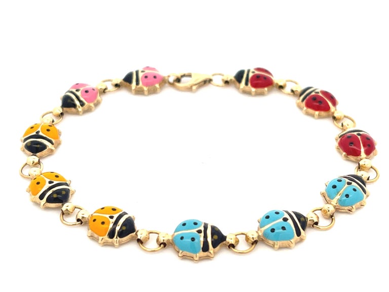 Colorful Enamel Ladybug Bracelet in 14k Yellow Gold For Sale at 1stDibs