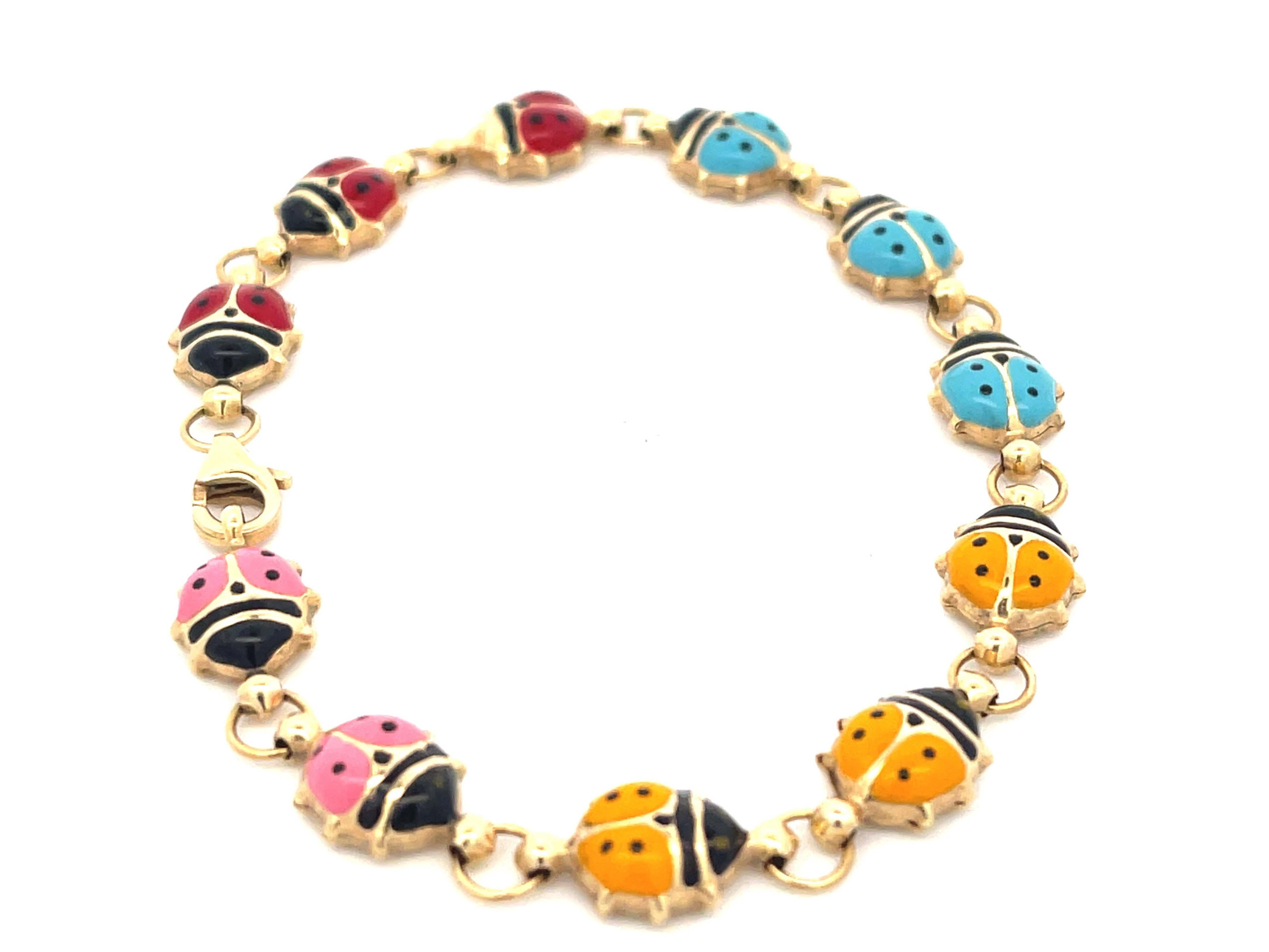 Modern Colorful Enamel Ladybug Bracelet in 14k Yellow Gold