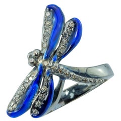 Colorful Enamel Silver 0.20 Karat Grey Diamond Dragonfly Unique Piece DesignRing