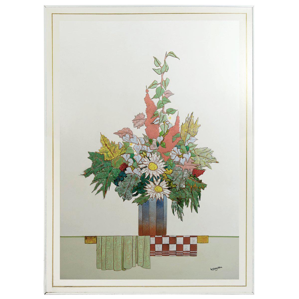 Colorful Enamel Wall Relief Depicting a Fall Bouquet Signed W. Stavlon