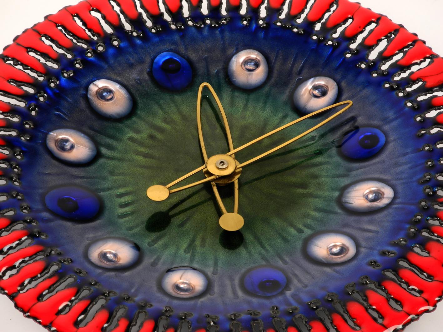 Mid-Century Modern Colorful Enamelled Metal Wall Clock Original Midcentury For Sale