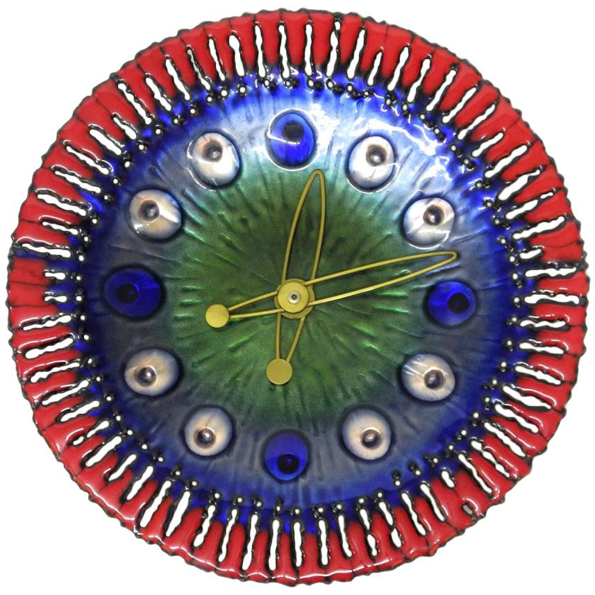 Colorful Enamelled Metal Wall Clock Original Midcentury For Sale
