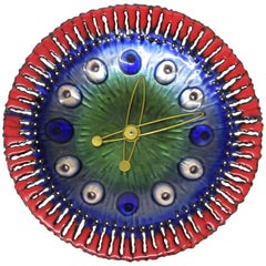 Colorful Enamelled Metal Wall Clock Original Midcentury
