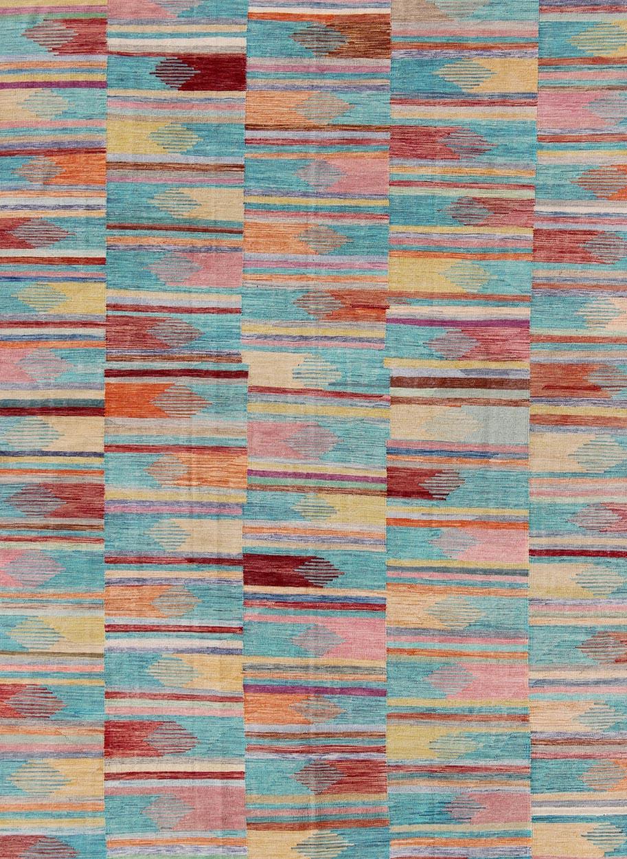 Afghan Colorful Flat-Weave Kilim Rug with Modern Design