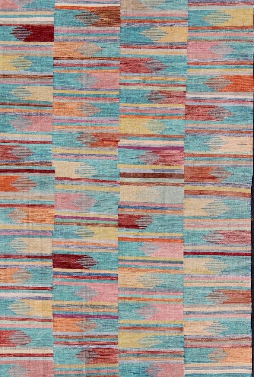 Hand-Woven Colorful Flat-Weave Kilim Rug with Modern Design