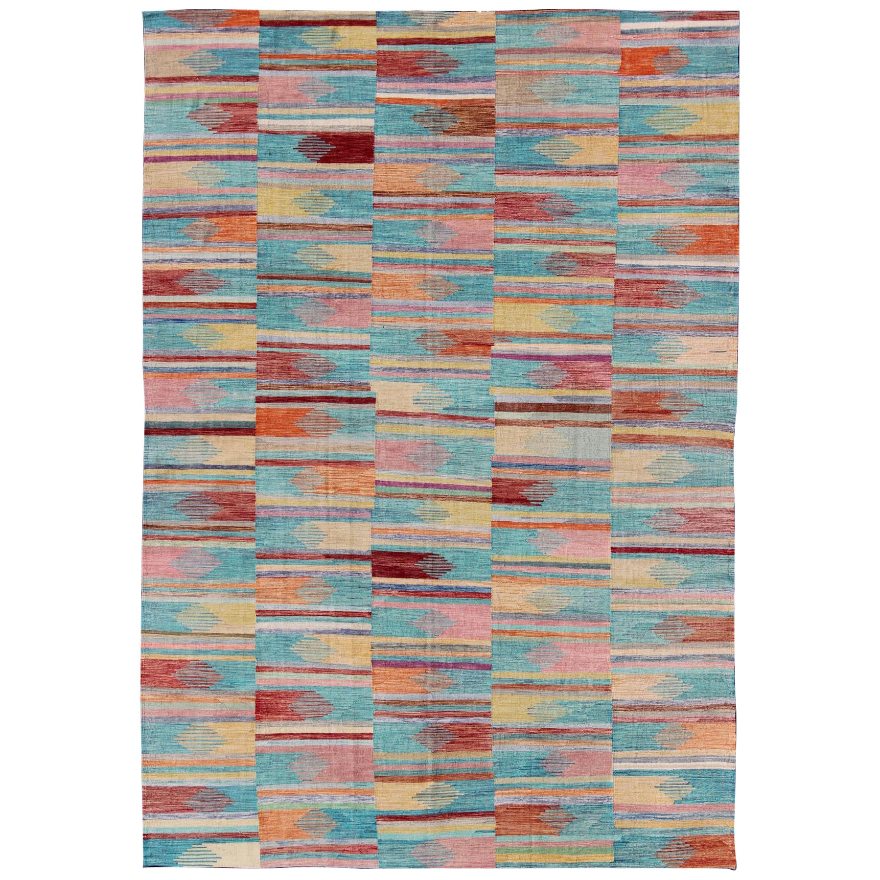 Colorful Flat-Weave Kilim Rug with Modern Design
