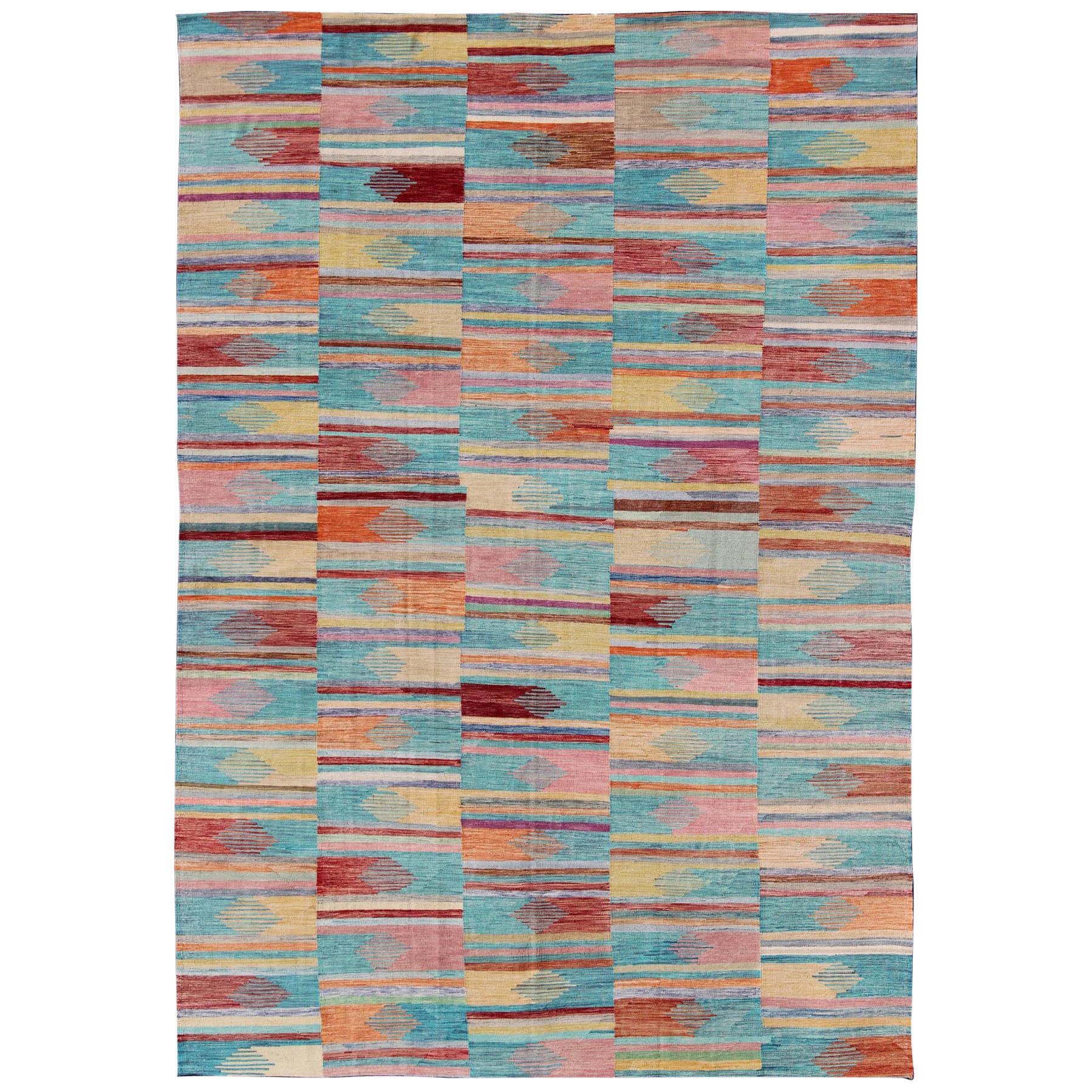 Colorful FlatWeave Modern Kilim Rug with Classic Stripes for Modern