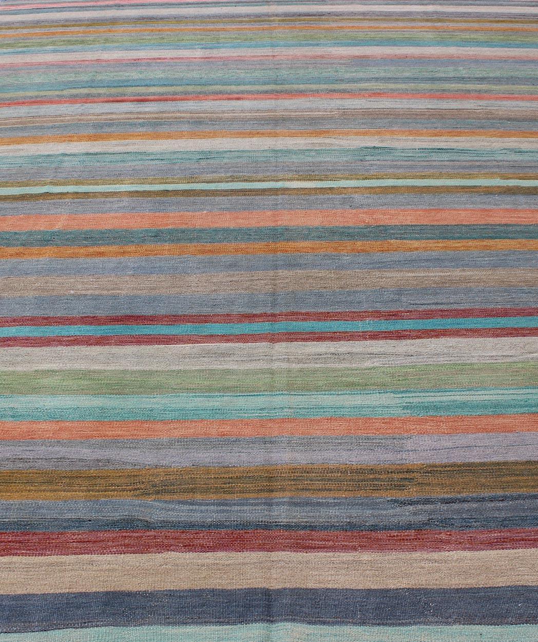 Colorful Flat-Weave Modern Kilim Rug with Classic Stripes for Modern Interiors 3