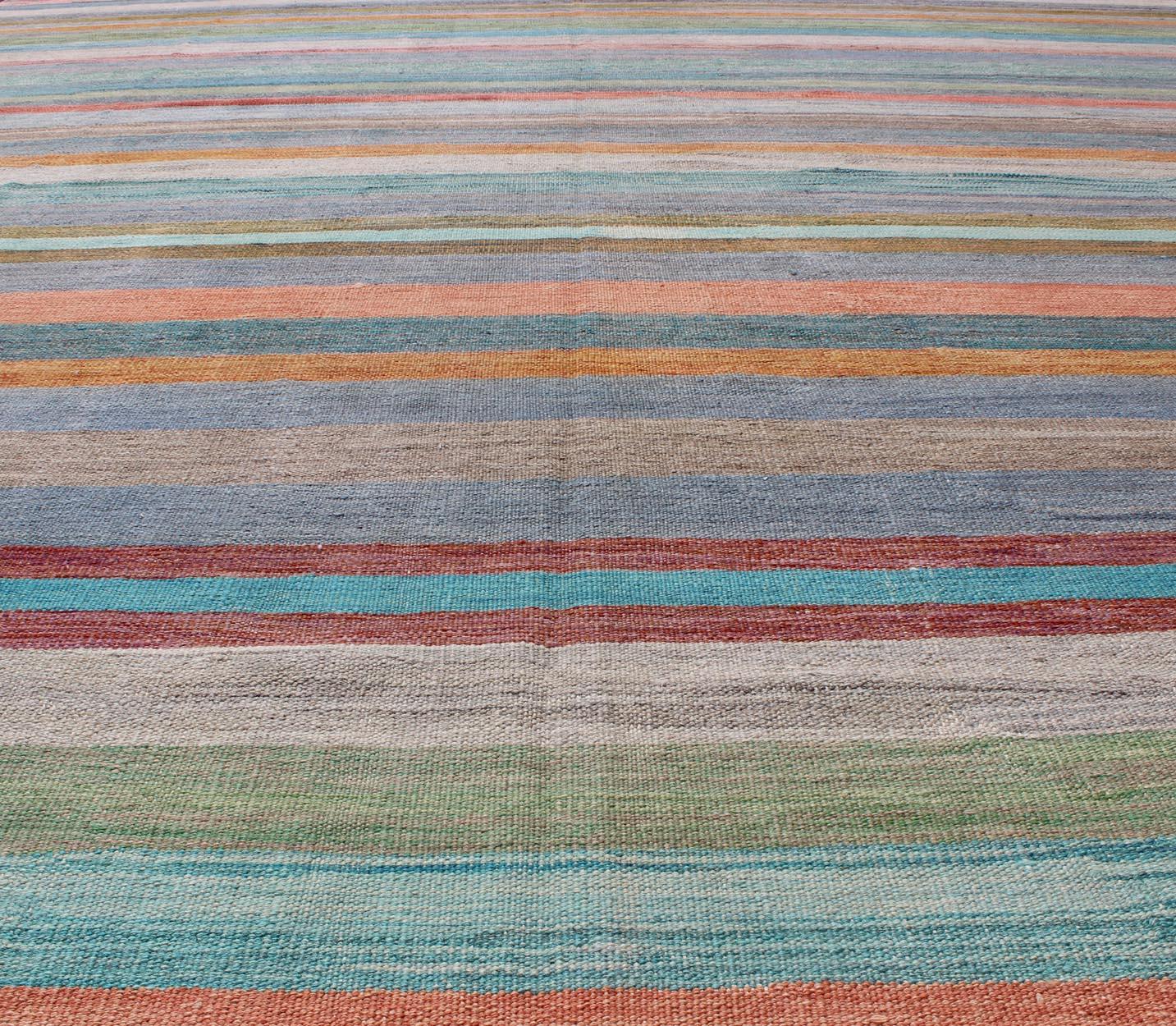 Colorful Flat-Weave Modern Kilim Rug with Classic Stripes for Modern Interiors 4
