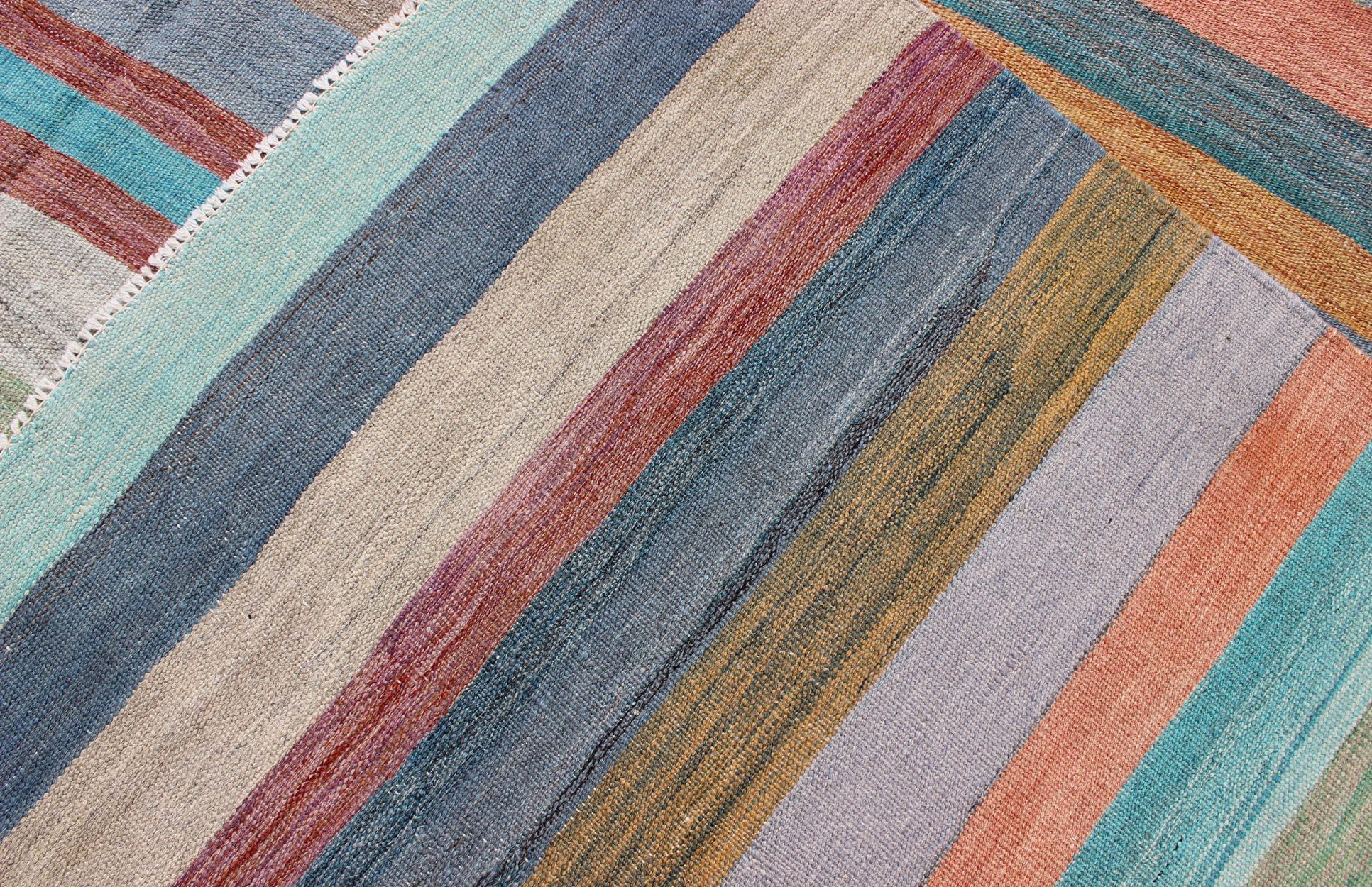 Colorful Flat-Weave Modern Kilim Rug with Classic Stripes for Modern Interiors 5