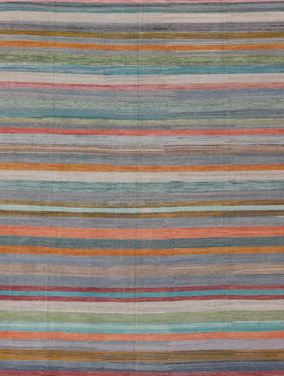 Afghan Colorful Flat-Weave Modern Kilim Rug with Classic Stripes for Modern Interiors