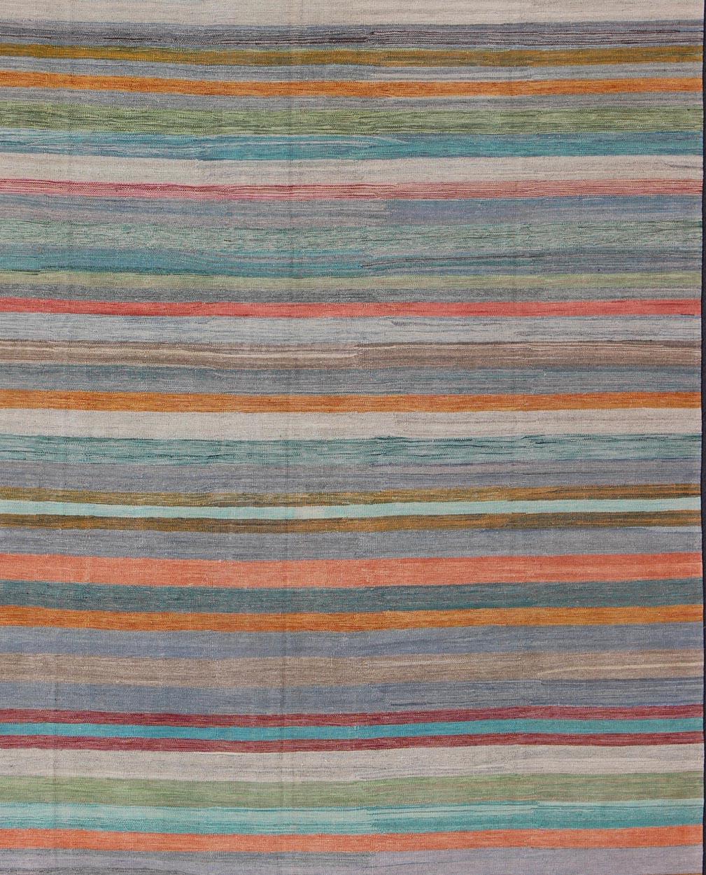 Hand-Woven Colorful Flat-Weave Modern Kilim Rug with Classic Stripes for Modern Interiors