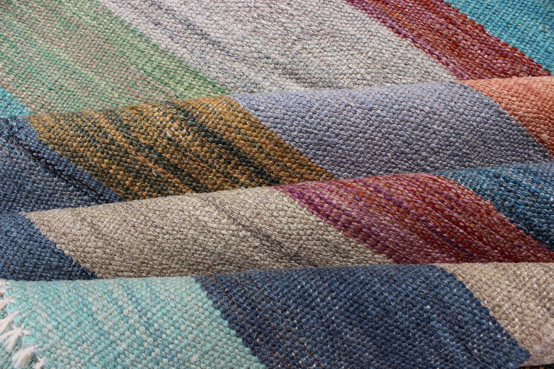 Colorful Flat-Weave Modern Kilim Rug with Classic Stripes for Modern Interiors In New Condition In Atlanta, GA