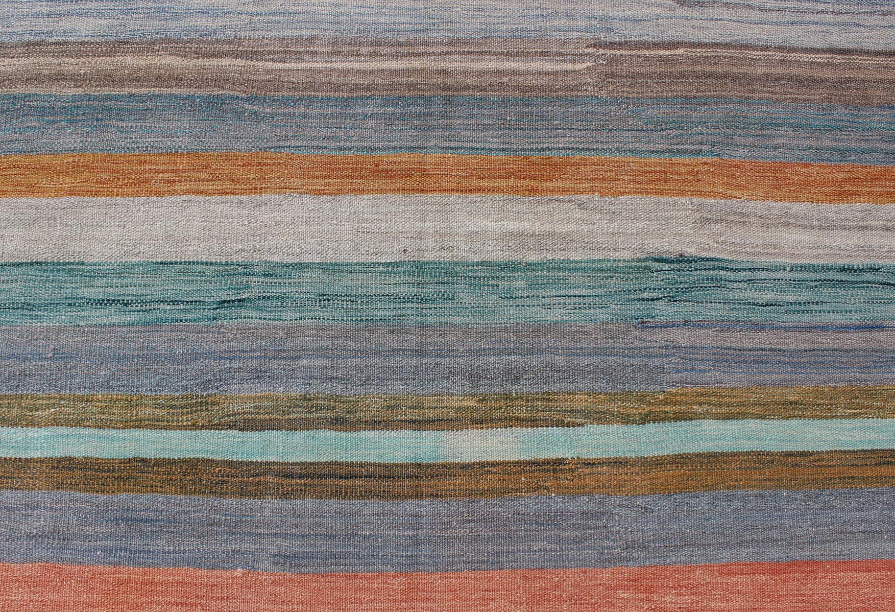 Contemporary Colorful Flat-Weave Modern Kilim Rug with Classic Stripes for Modern Interiors