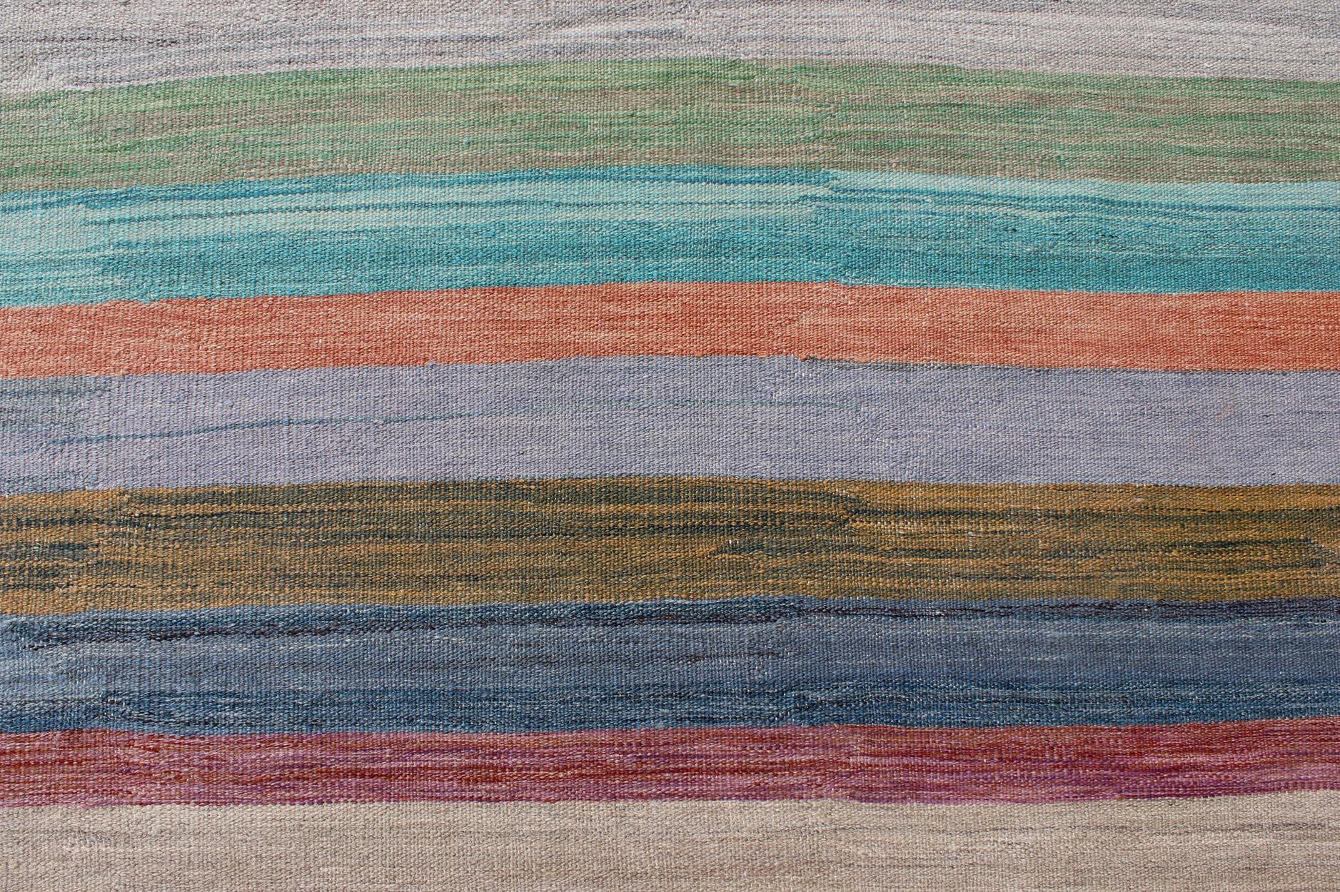 Wool Colorful Flat-Weave Modern Kilim Rug with Classic Stripes for Modern Interiors