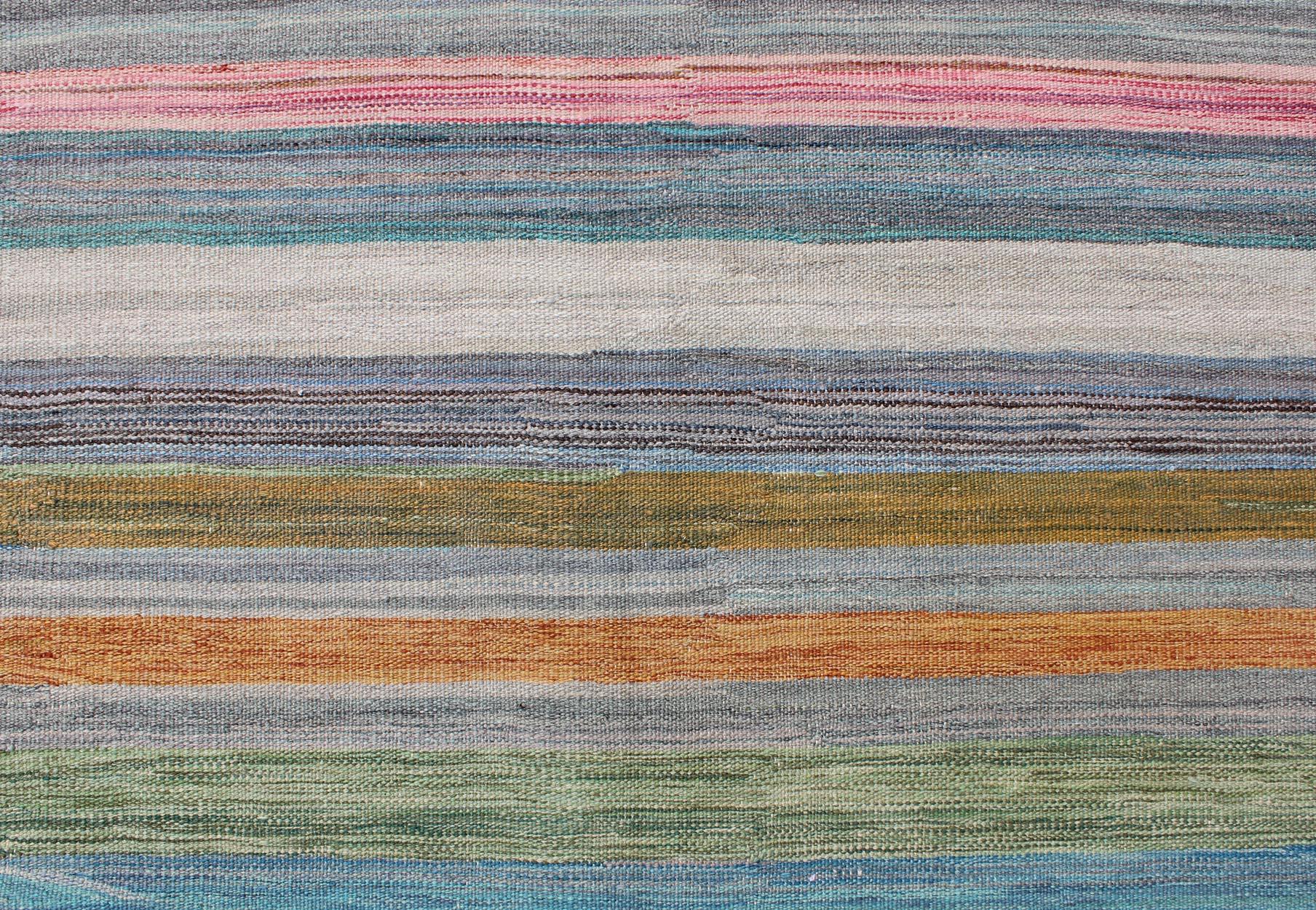 Colorful Flat-Weave Modern Kilim Rug with Classic Stripes for Modern Interiors 1