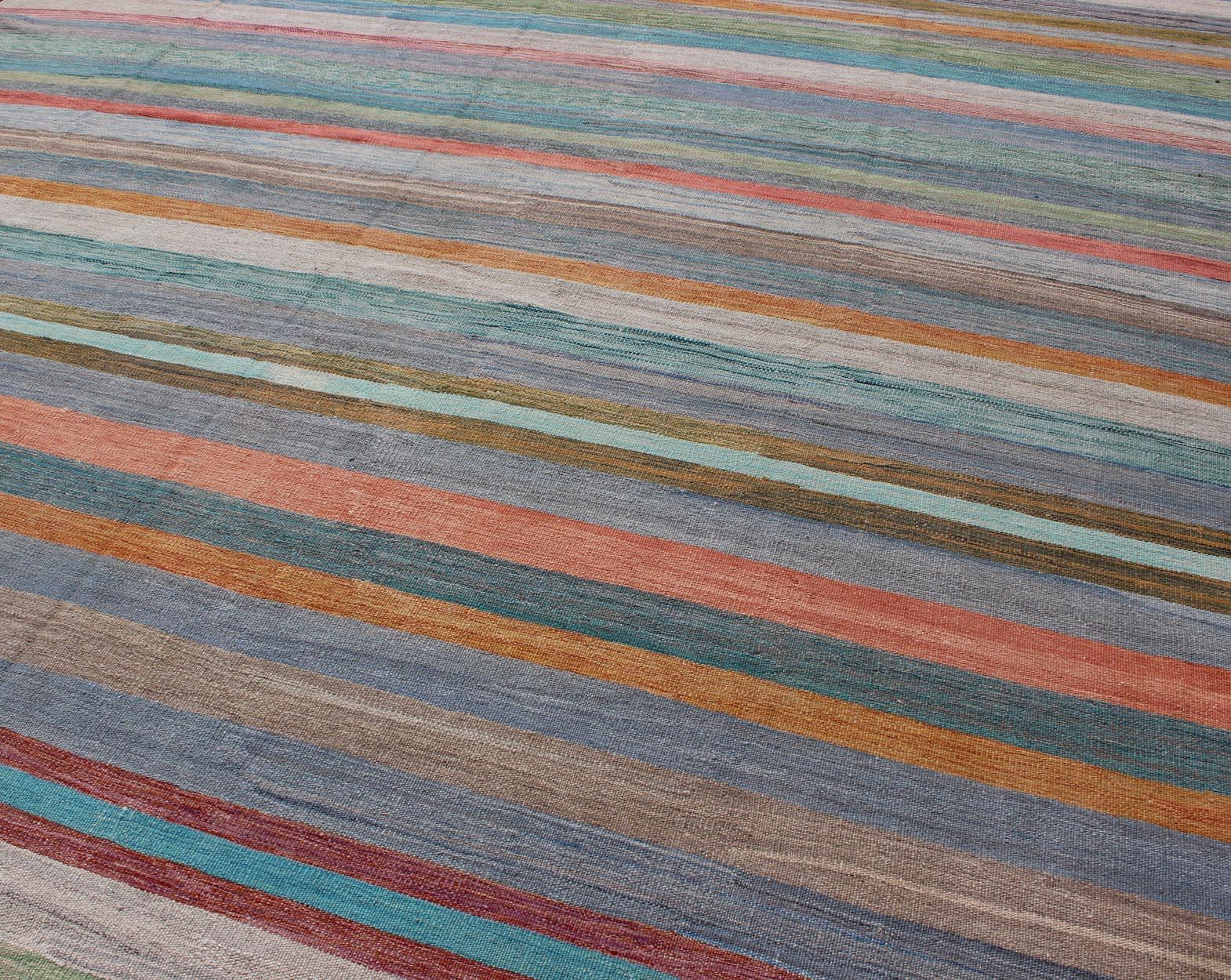 Colorful Flat-Weave Modern Kilim Rug with Classic Stripes for Modern Interiors 2