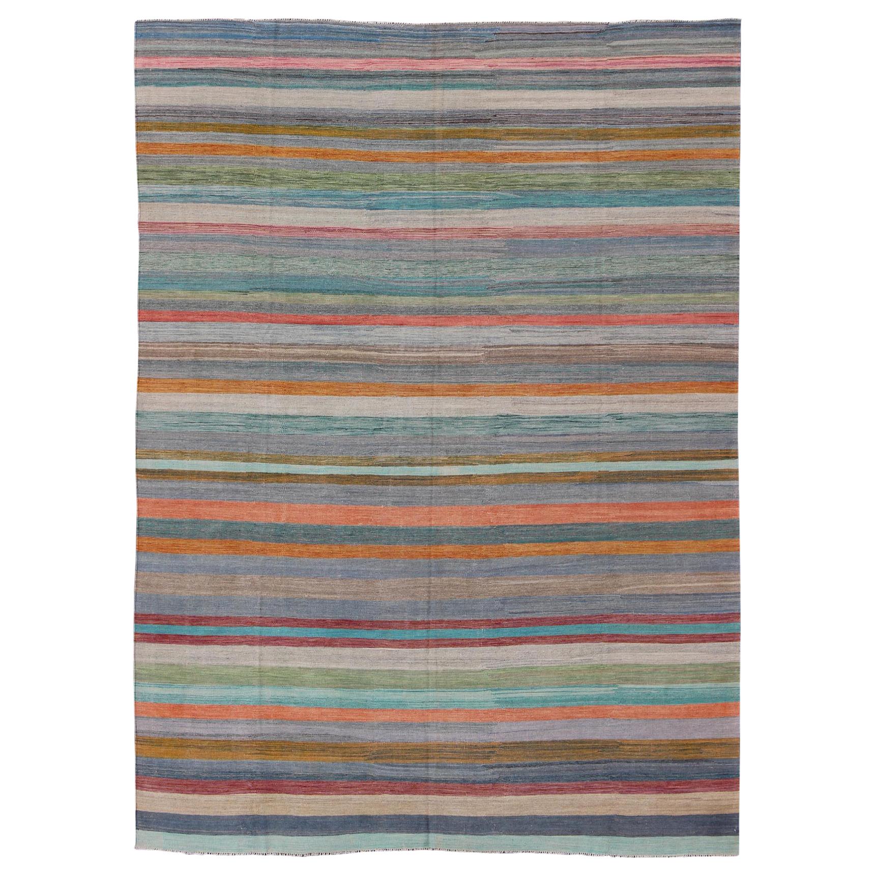 Colorful Flat-Weave Modern Kilim Rug with Classic Stripes for Modern Interiors