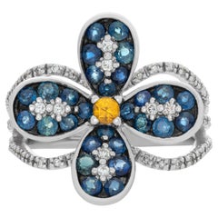 Vintage Colorful floral design 18k white gold micro pave diamond ring with blue/yellow s