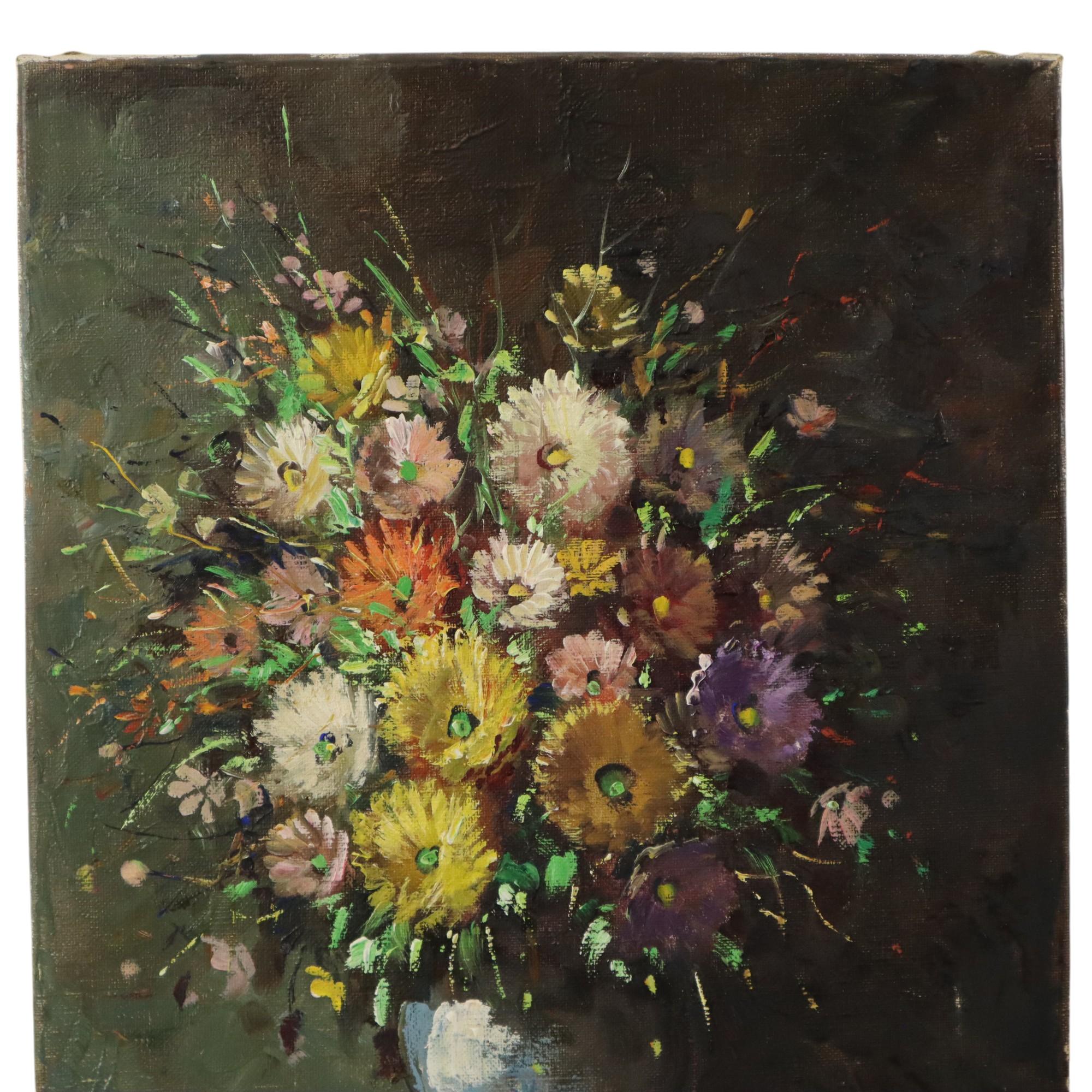 Colorful vintage flower painting, still life of a bouquet of flowers in a vase, painted by the better amateur painter, signed lower right D. Sonnet, late 20th century, Belgium.

Charming, decorative and affordable painting for those who still want
