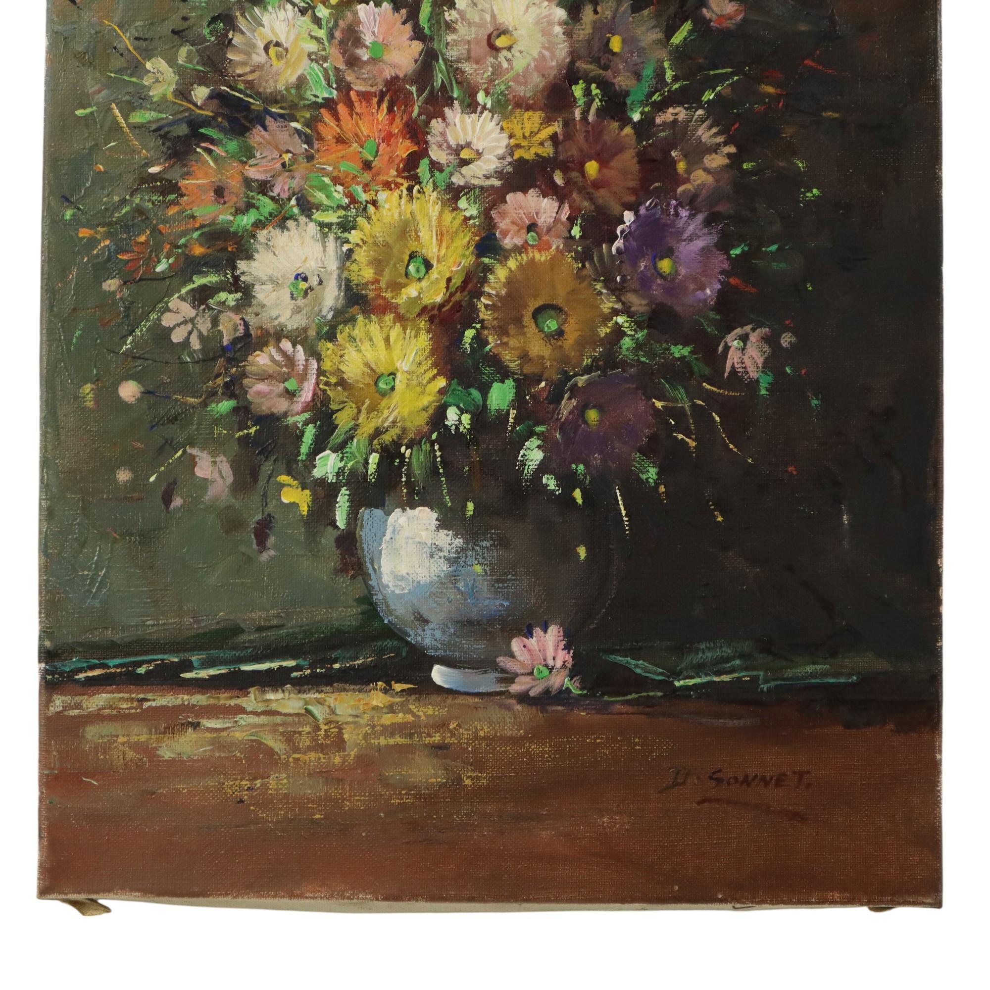 Art Nouveau Colorful Flowers Still Life Amateur Painting Signed 40cm For Sale