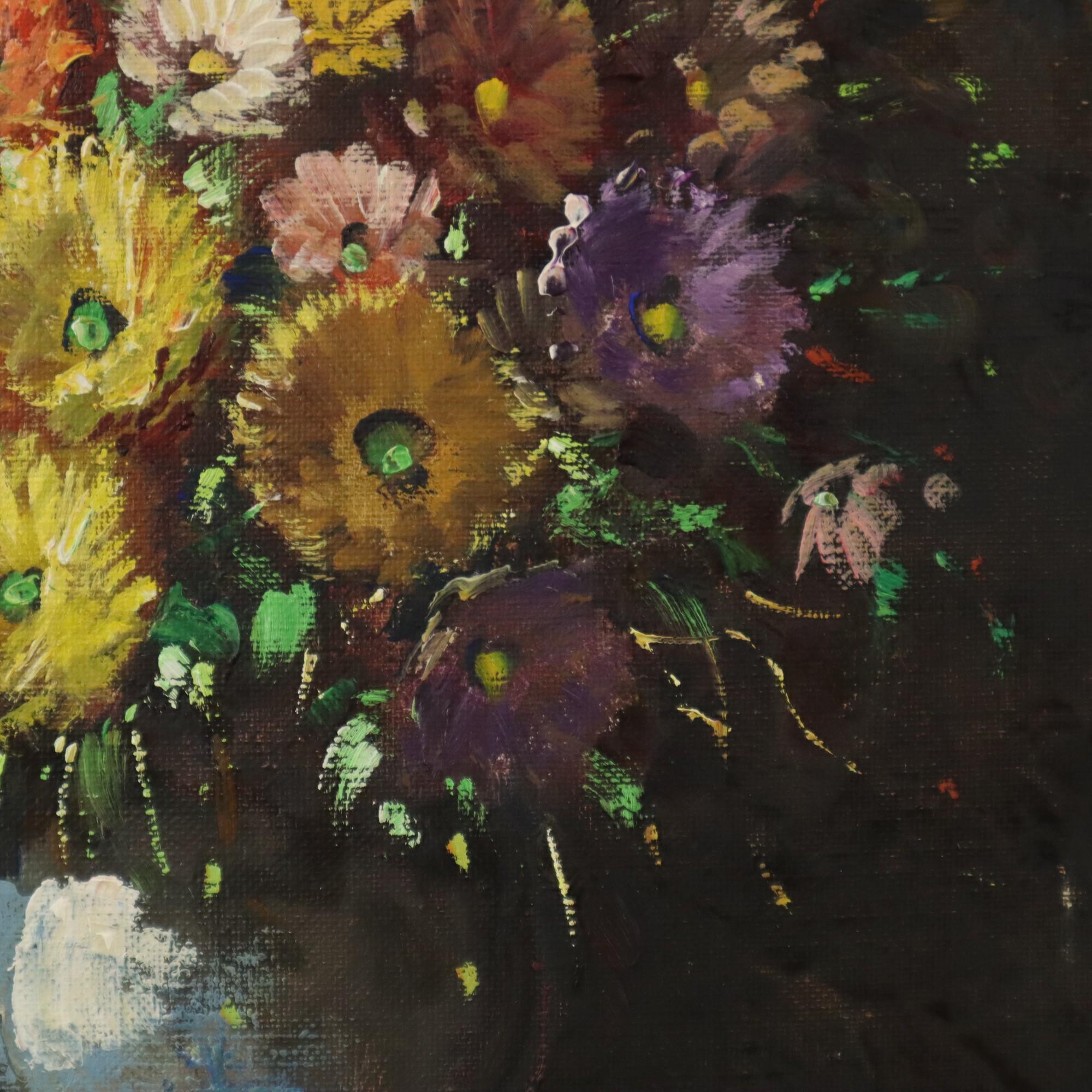 Hand-Painted Colorful Flowers Still Life Amateur Painting Signed 40cm For Sale