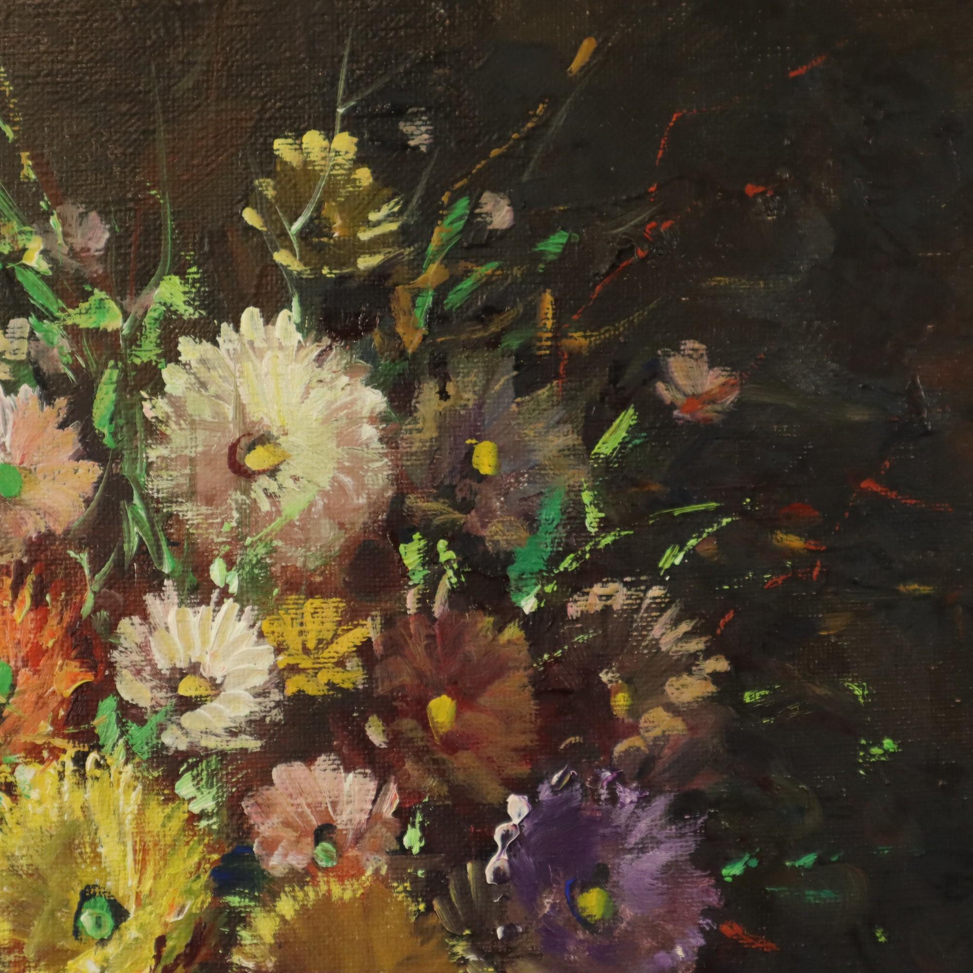 Colorful Flowers Still Life Amateur Painting Signed 40cm In Good Condition For Sale In Poperinge, BE