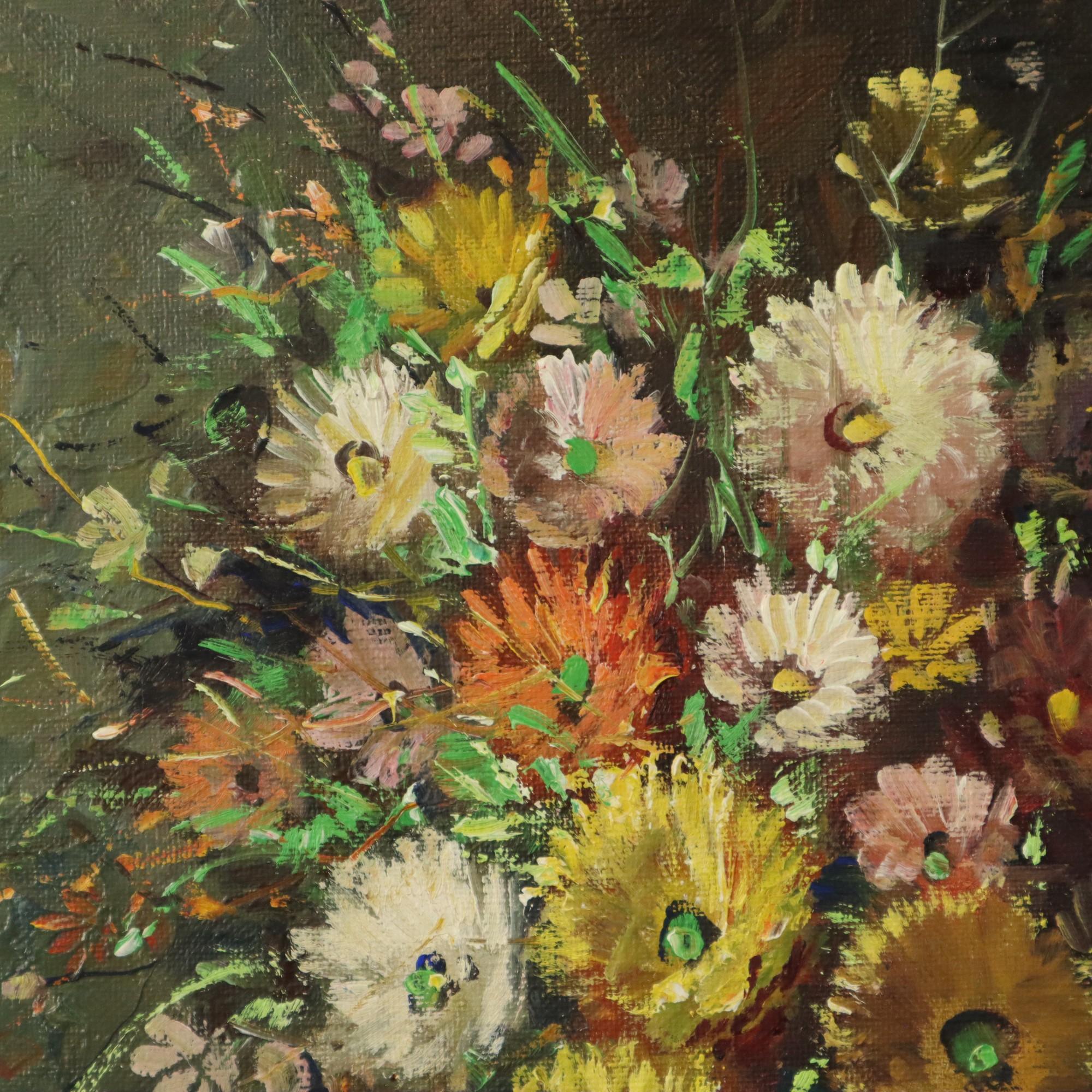 20th Century Colorful Flowers Still Life Amateur Painting Signed 40cm For Sale