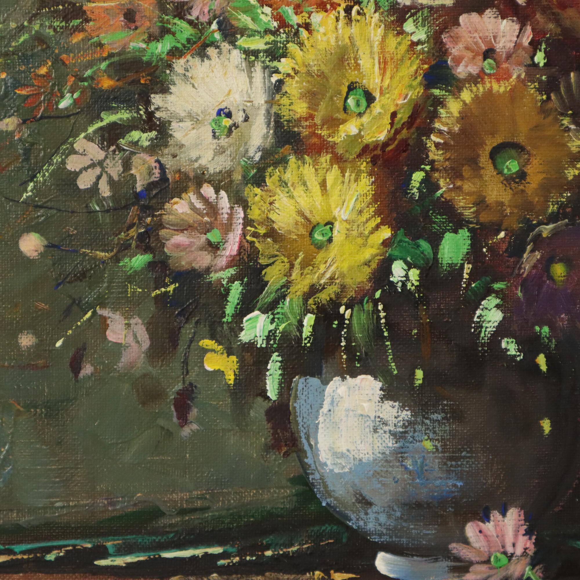 Canvas Colorful Flowers Still Life Amateur Painting Signed 40cm For Sale