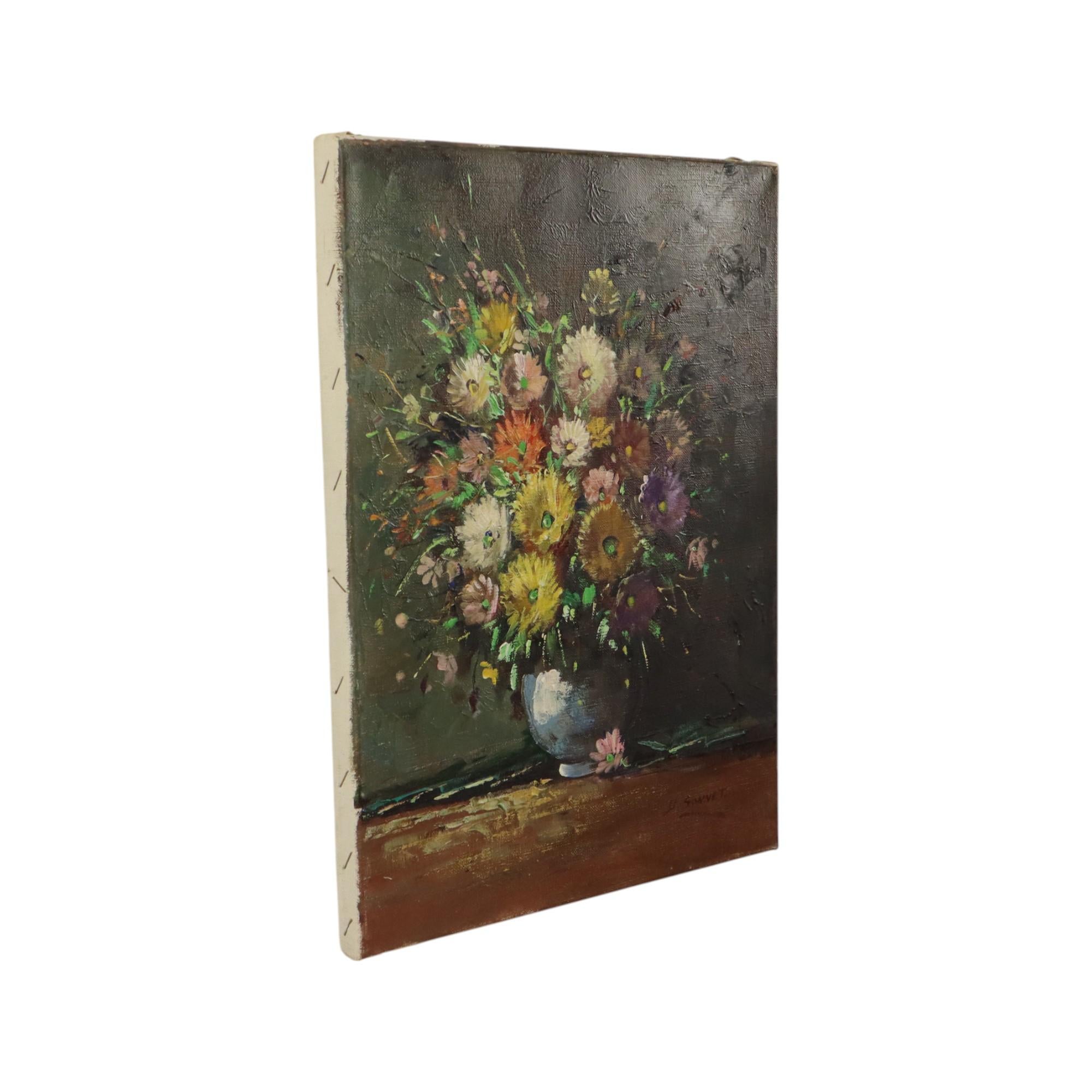 Colorful Flowers Still Life Amateur Painting Signed 40cm For Sale 1