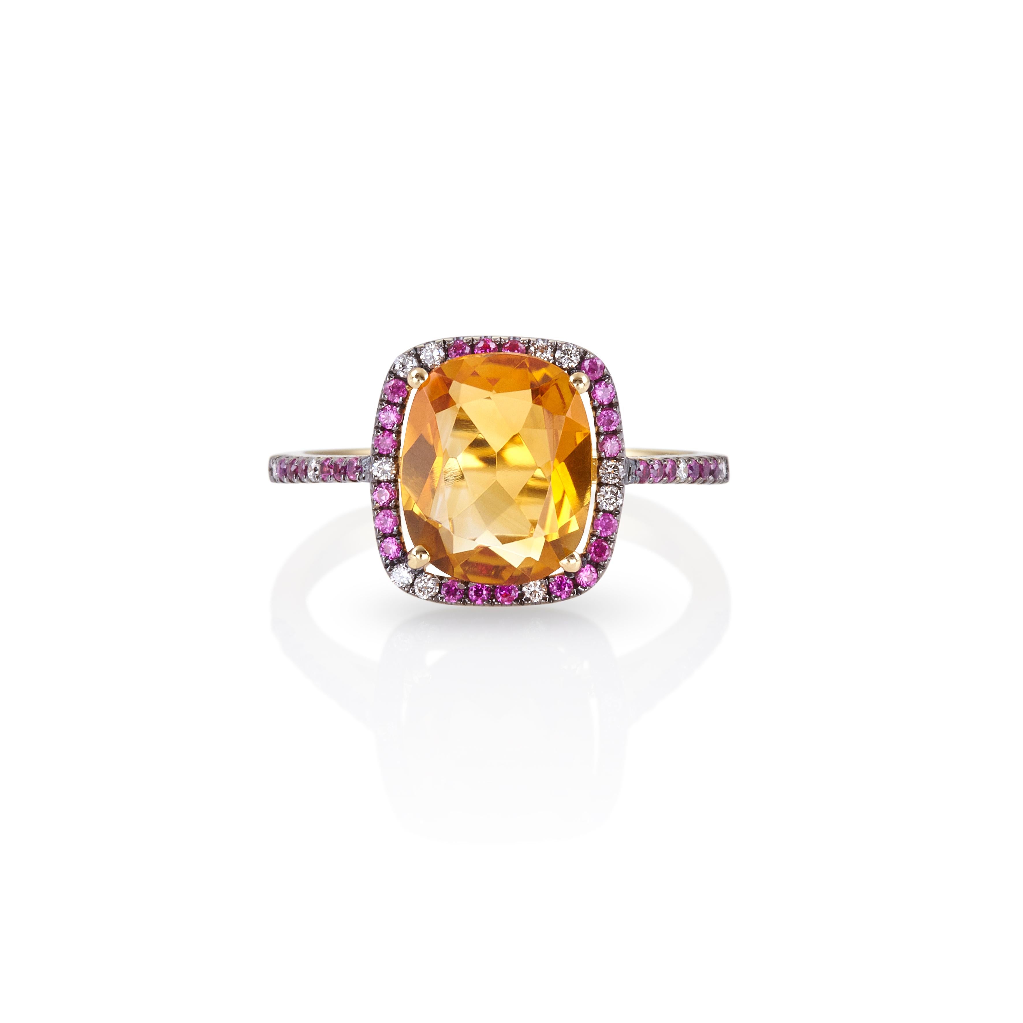 For Sale:  Colorful Flush Ring in 18kt Yellow Gold with Citrine Pink Sapphires and Diamonds 2