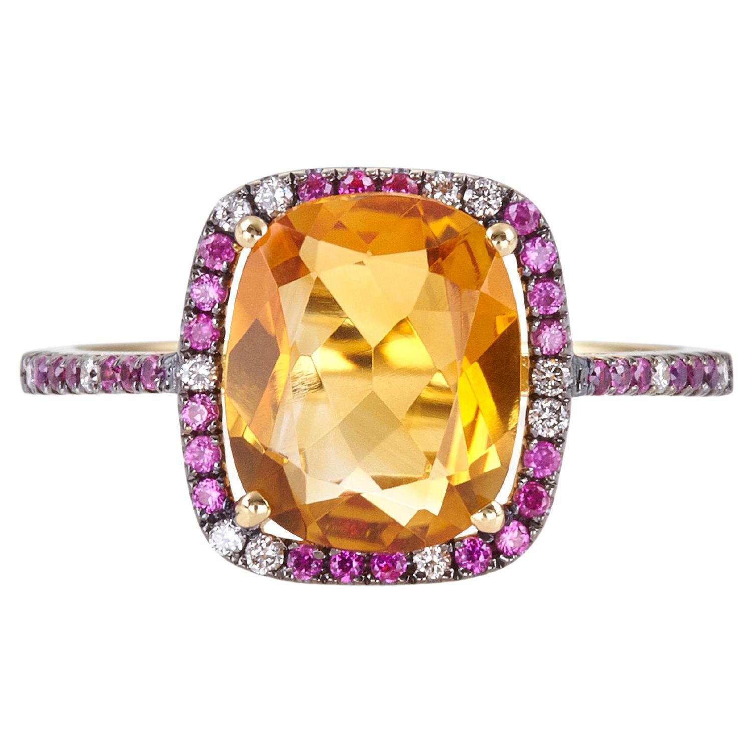 Bunter Einbauring aus 18 Karat Gelbgold mit rosa Citrin-Saphiren und Diamanten