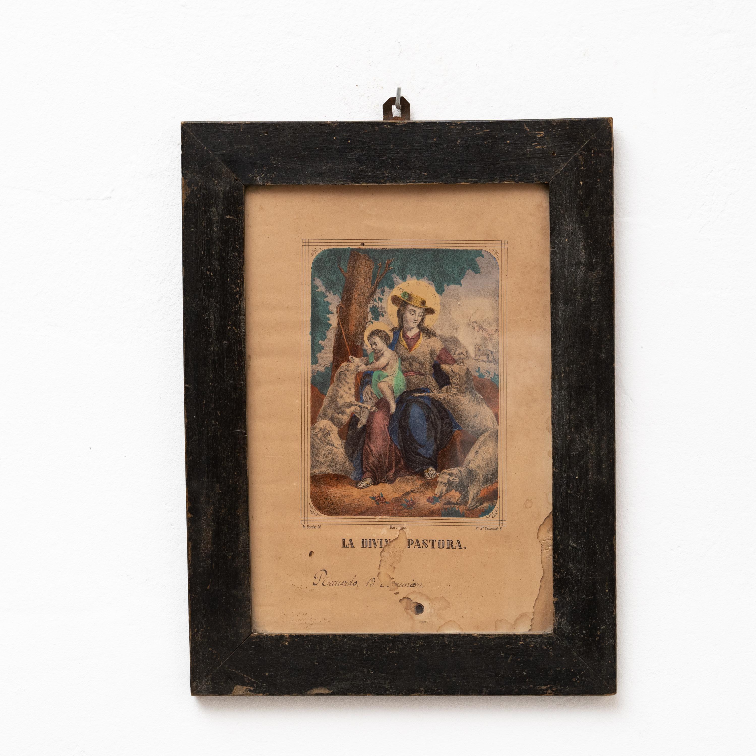 Framed Print of Divina Pastora.

By unknown artist, circa 1940.

In original condition, with some visible signs of previous use and age, preserving a beautiful patina.

Materials:
Paper
Wood.