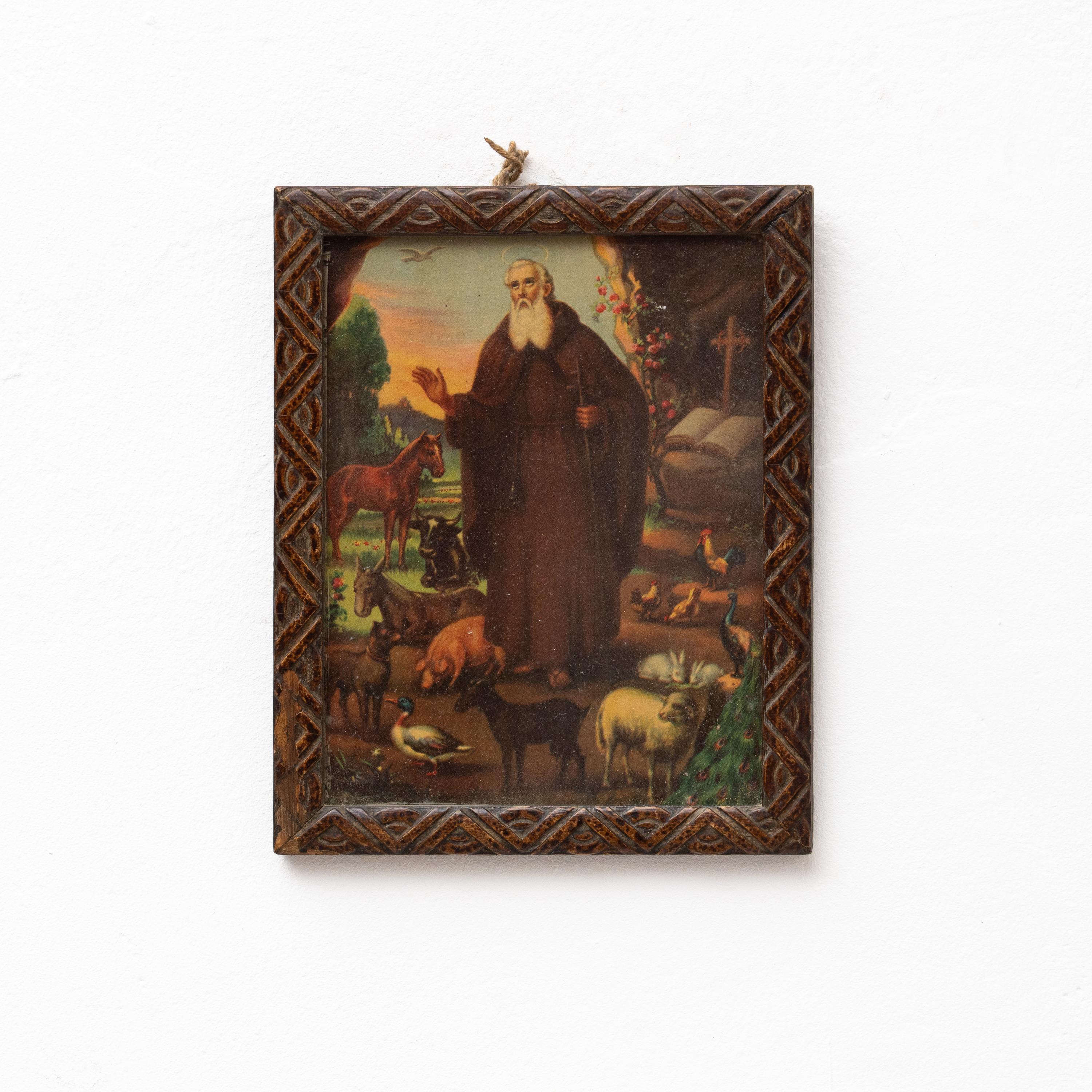 Framed Print of Saint Anthony.

By unknown artist, circa 1940.

In original condition, with some visible signs of previous use and age, preserving a beautiful patina.

Materials:
Painting.
Wood.