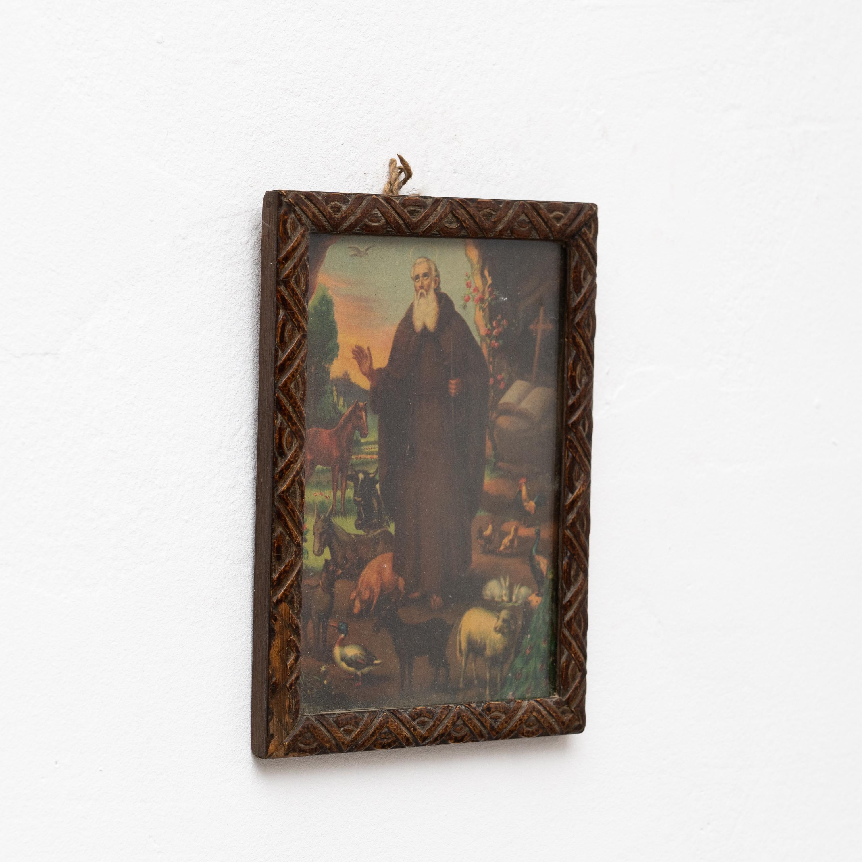 Spanish Colorful Framed Print of Saint Anthony by Unknown Artist, circa 1940 For Sale