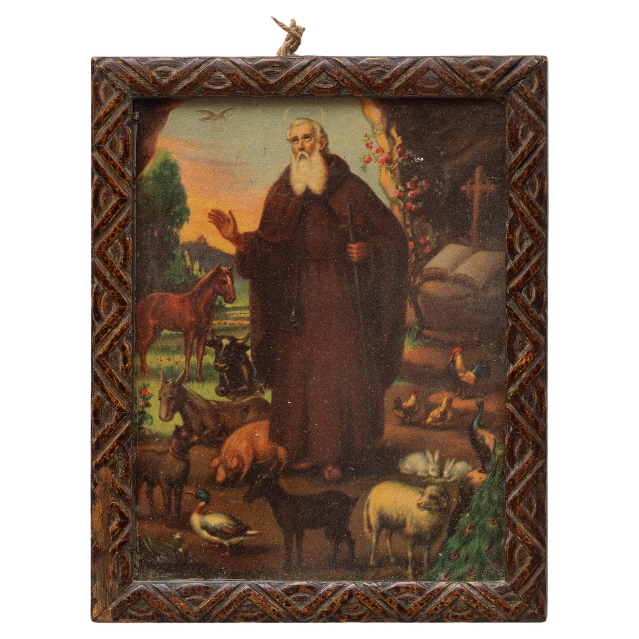 Colorida estampa enmarcada de San Antonio por artista desconocido, hacia 1940