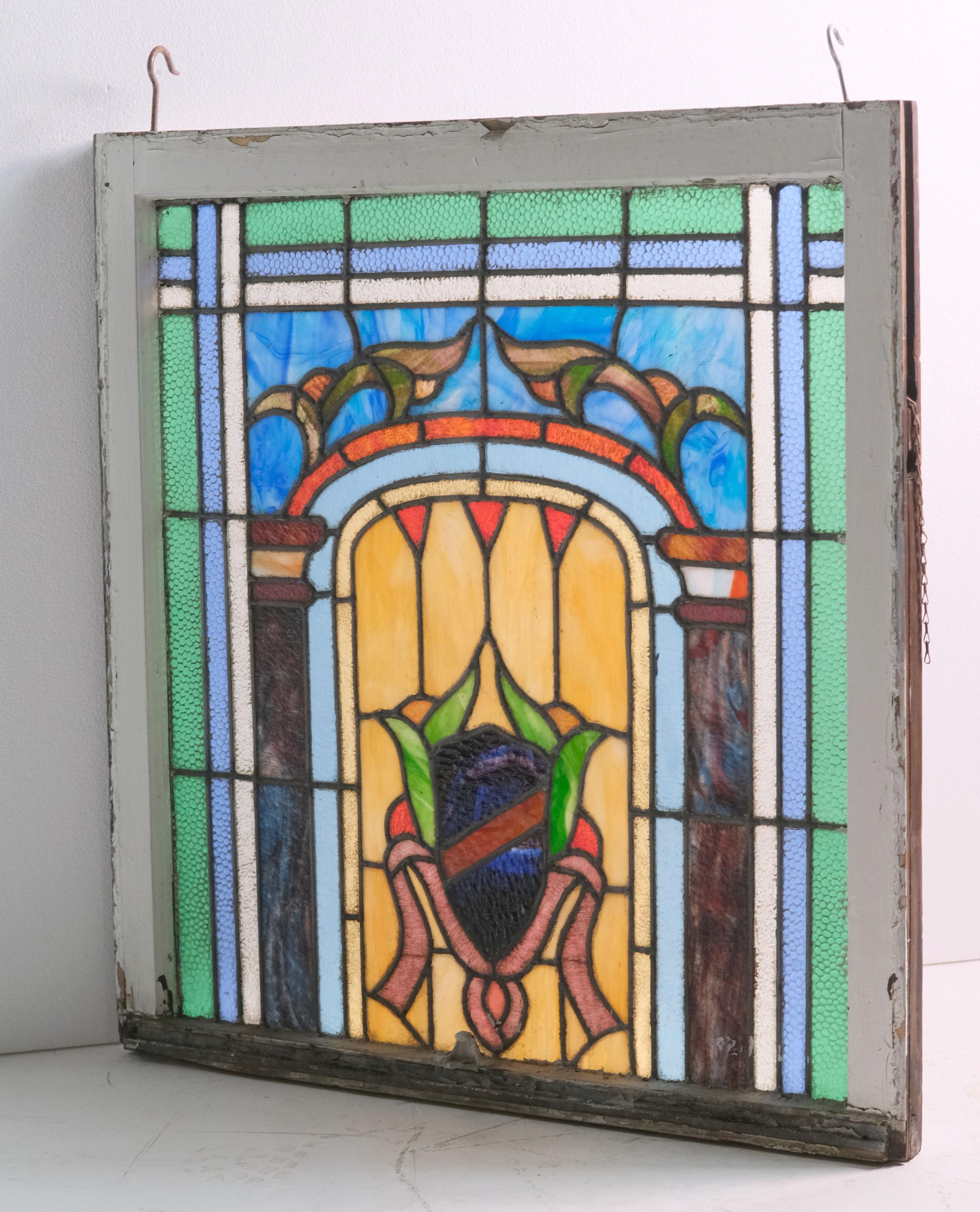 Colorful Framed Stained Glass Window Shield Crest Design 4