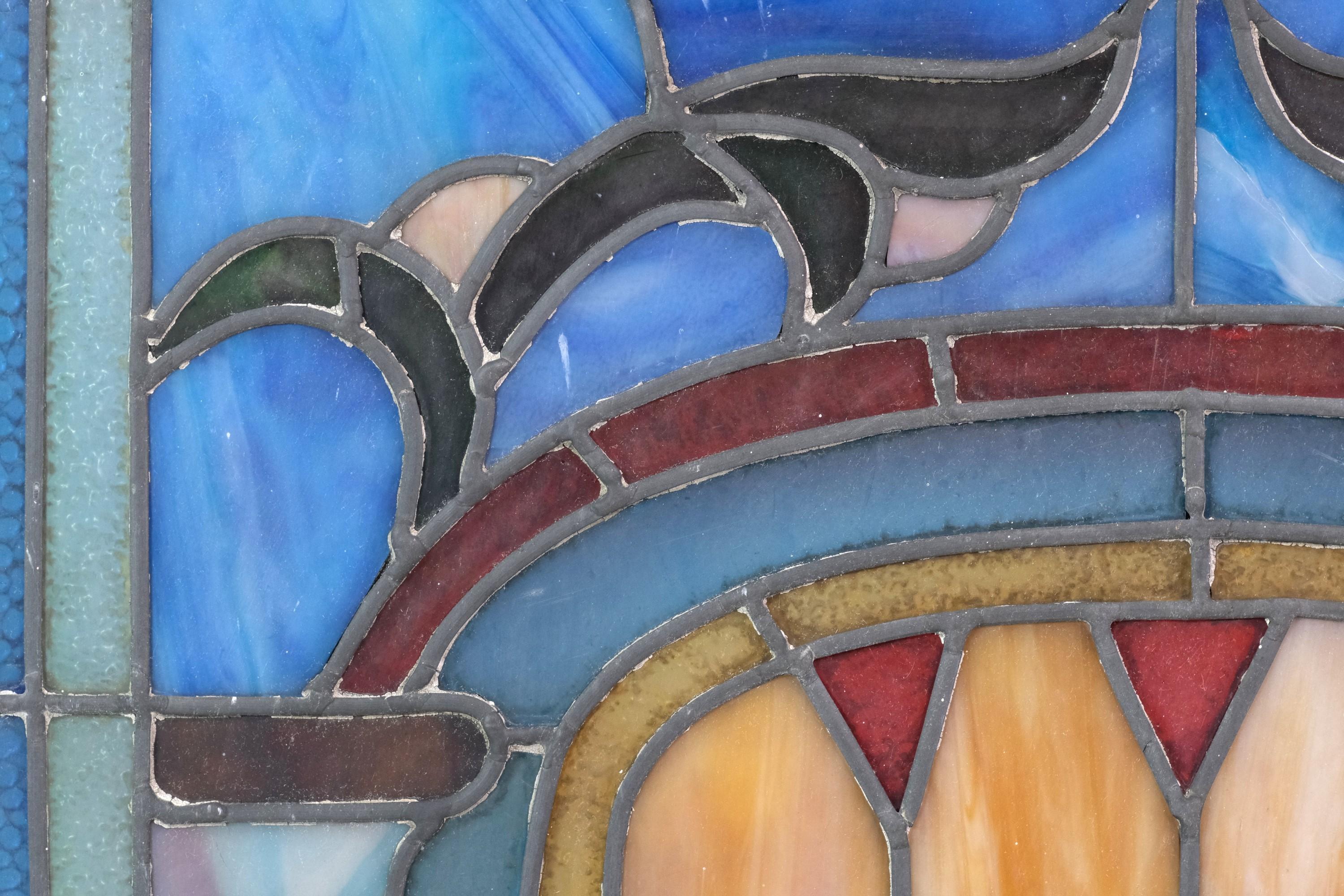 Victorian Colorful Framed Stained Glass Window Shield Crest Design