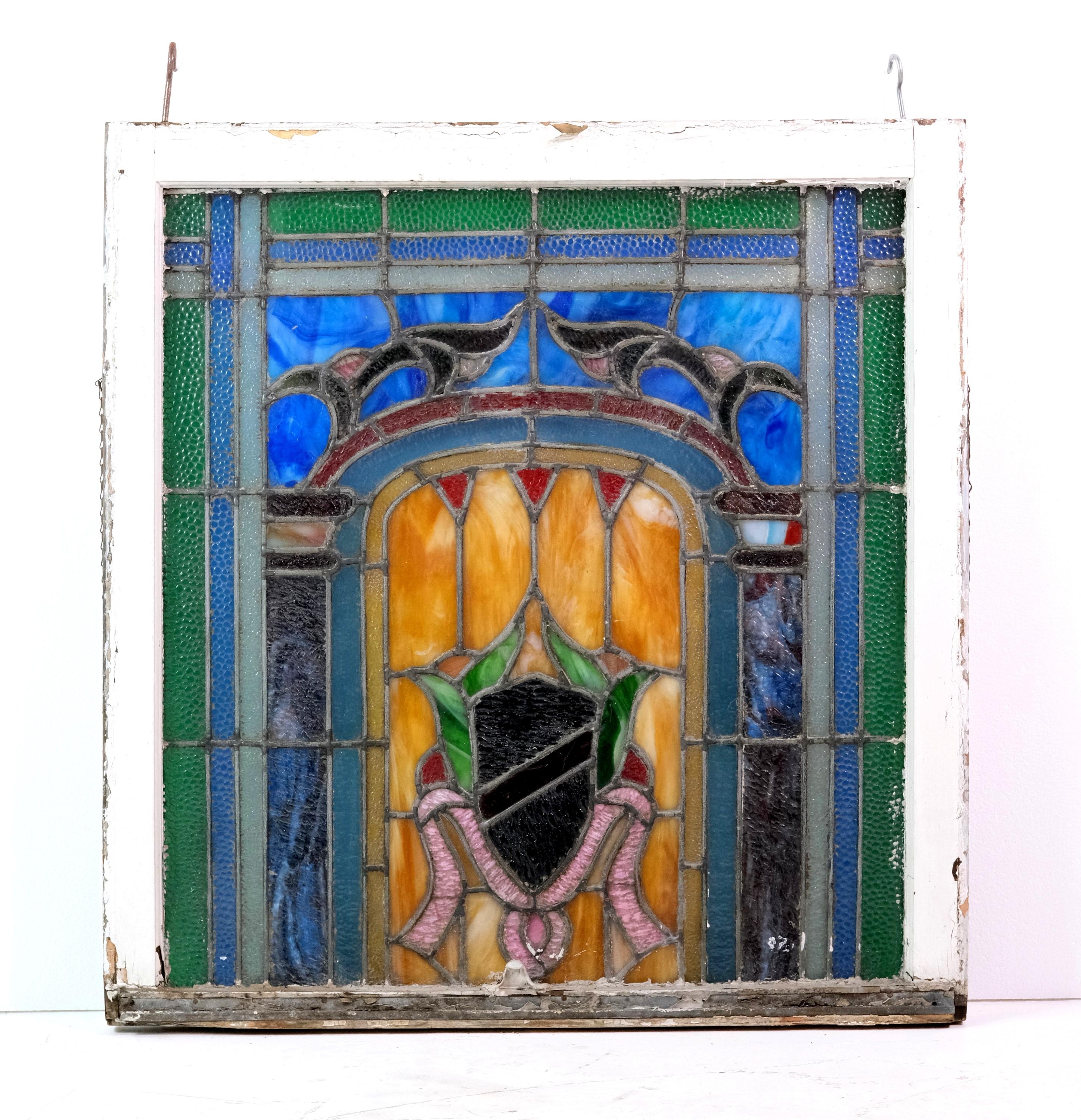 Colorful Framed Stained Glass Window Shield Crest Design In Good Condition In New York, NY