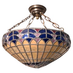 Colorful French stained glass vintage bowl/ pendant light fixture