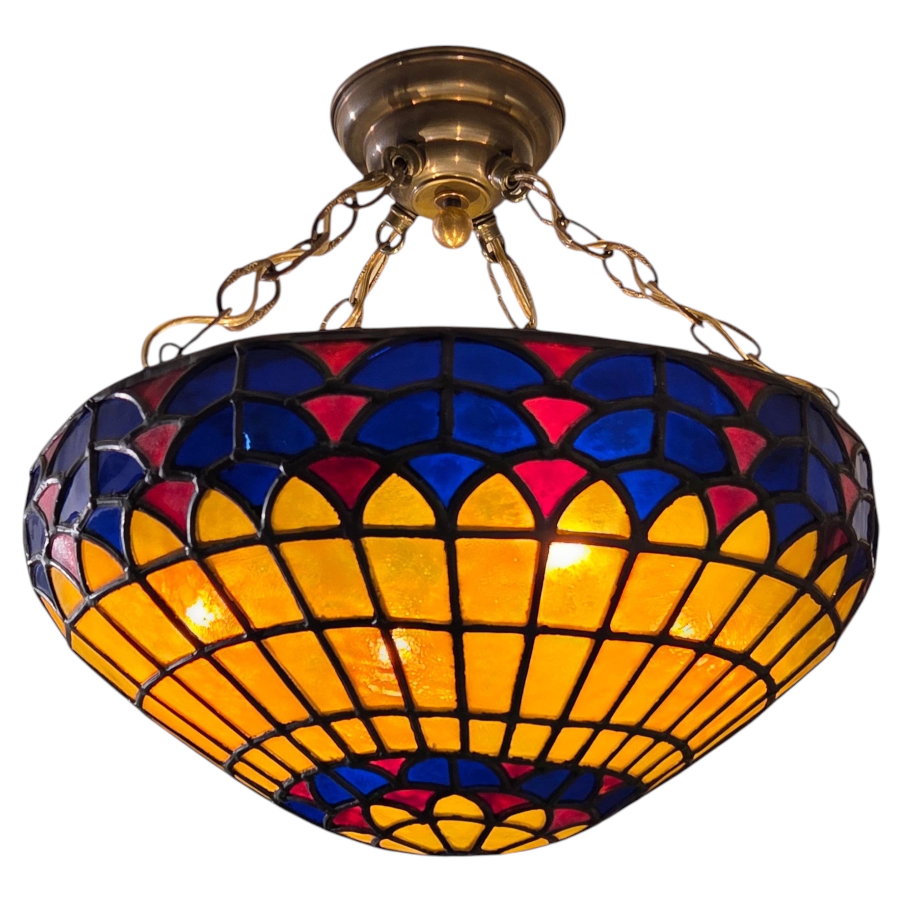 Bunte französische Glasmalerei Vintage Schüssel / Pendelleuchte Halterung