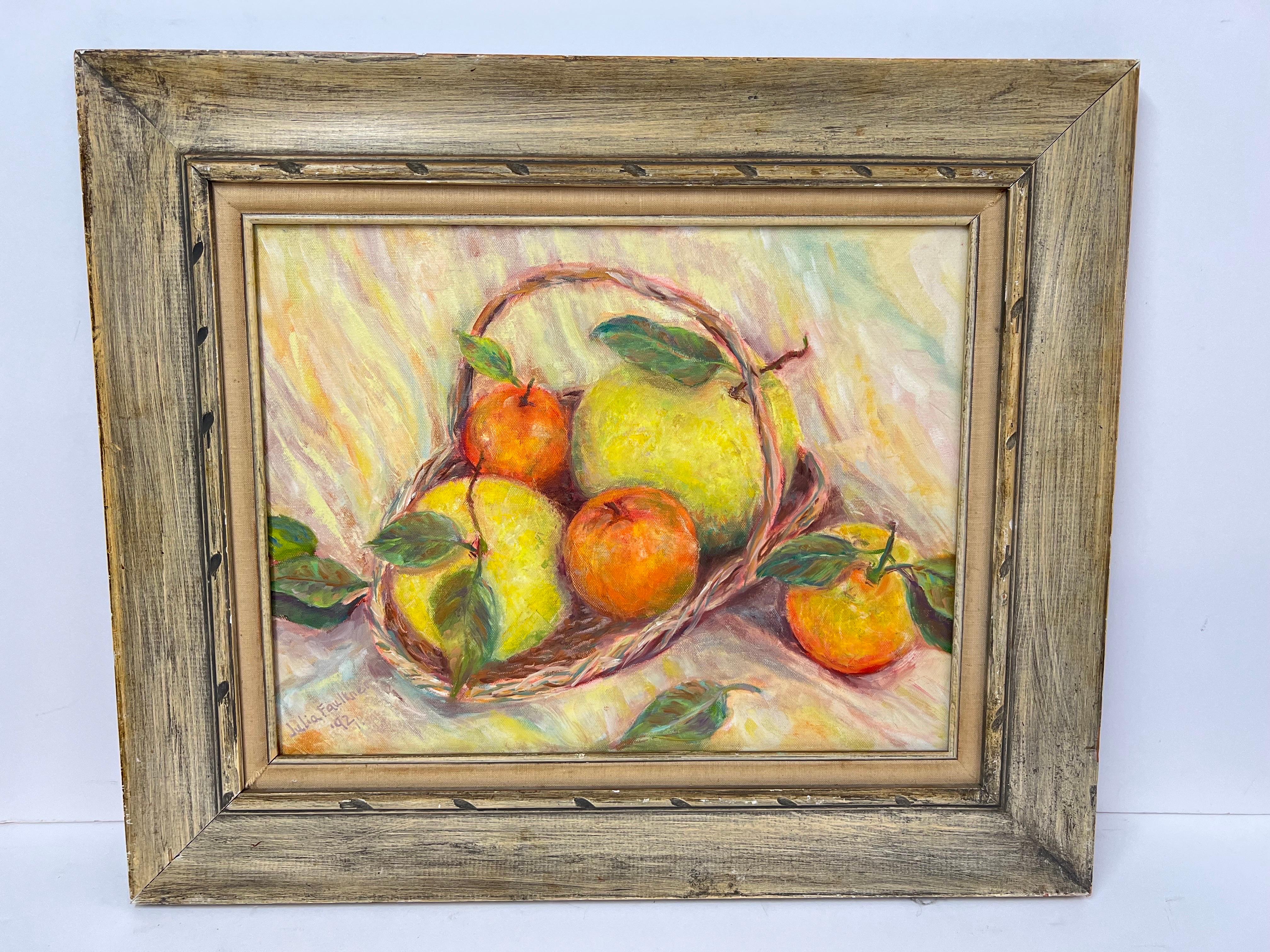 Buntes Obststillleben auf Karton. Schöne Komposition aus grünlich-gelben Birnen und rötlich-orangen Äpfeln in einem Korb. Perfekt zum Aufhängen an einer Küchen- oder Esszimmerwand.