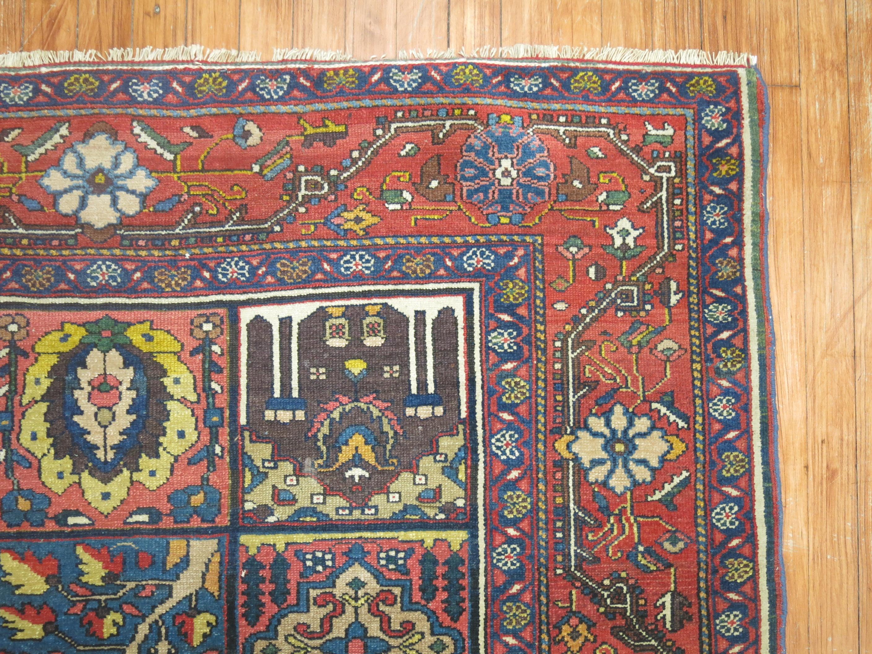 Wool Zabihi Collection Colorful Garden Box Early 20th Century Senneh Bakhtiari Rug  For Sale