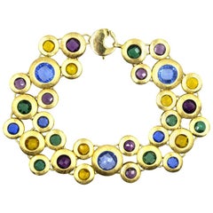 Colorful Gemstone Satin Finished Gold Round Disk Link Bracelet