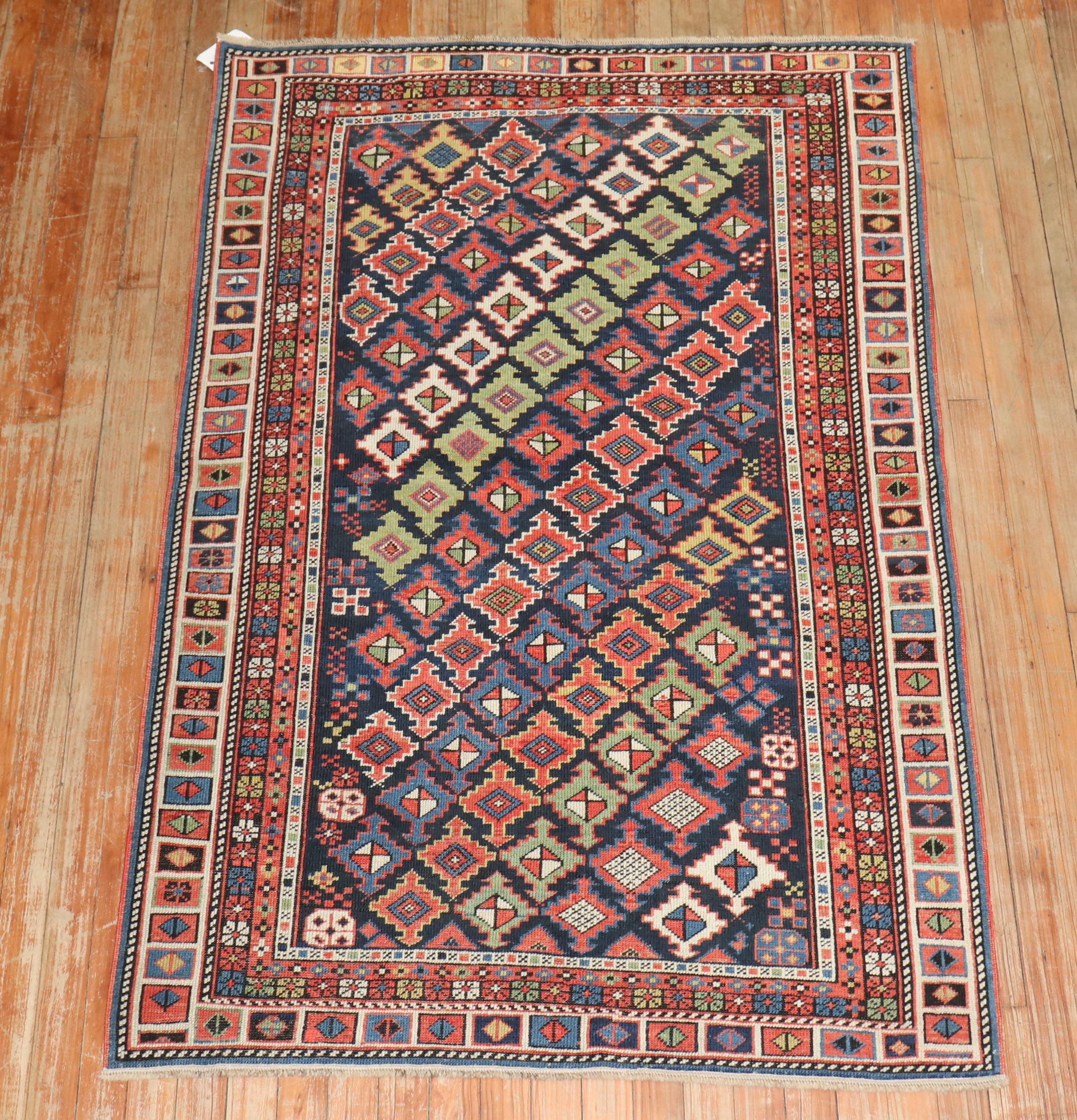 Colorful Geometric Antique Caucasian Shirvan Rug For Sale 4
